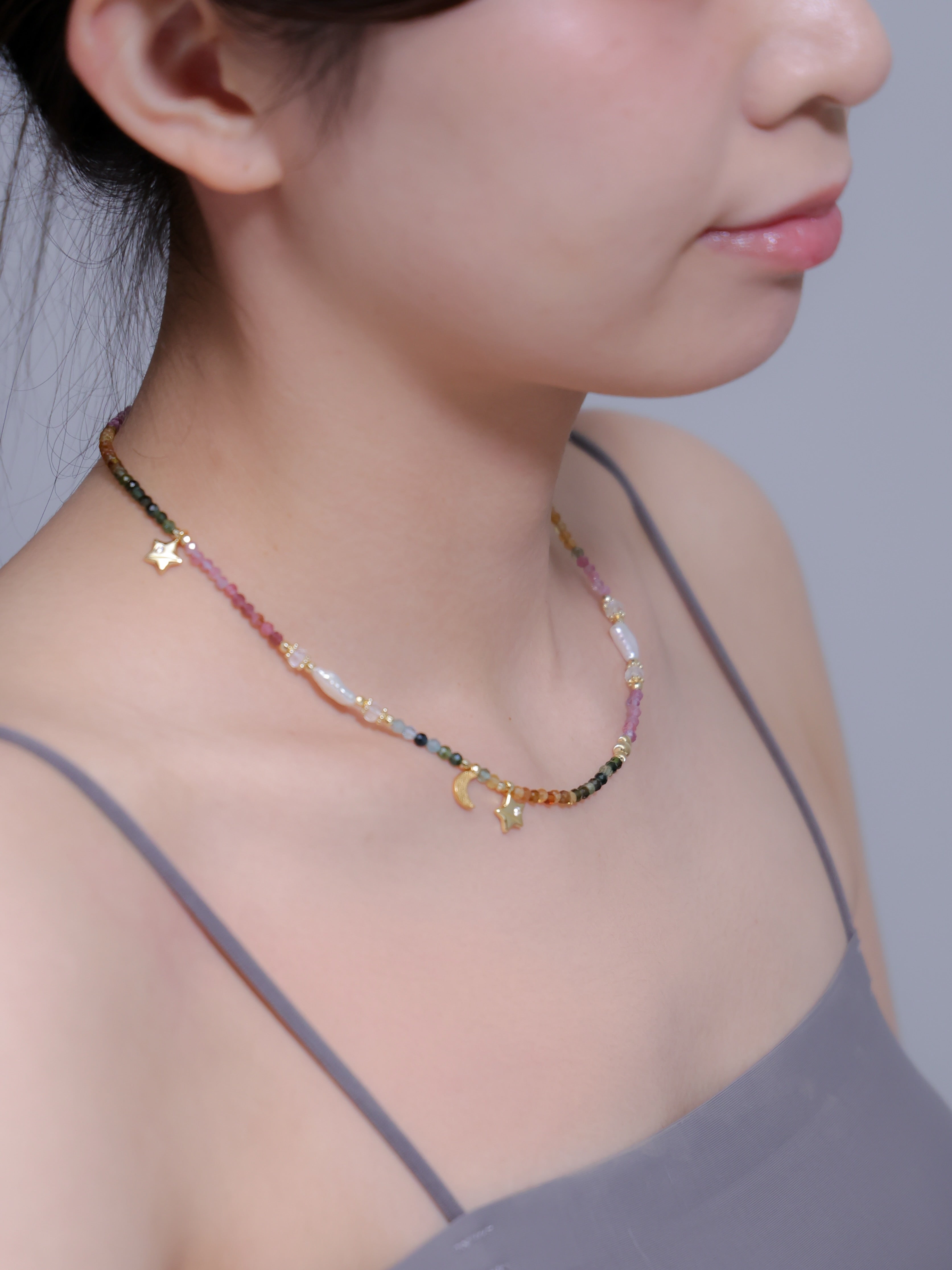 【10月・6月 誕生石】トルマリン 淡水パール | 星と月 華奢 K14メッキ