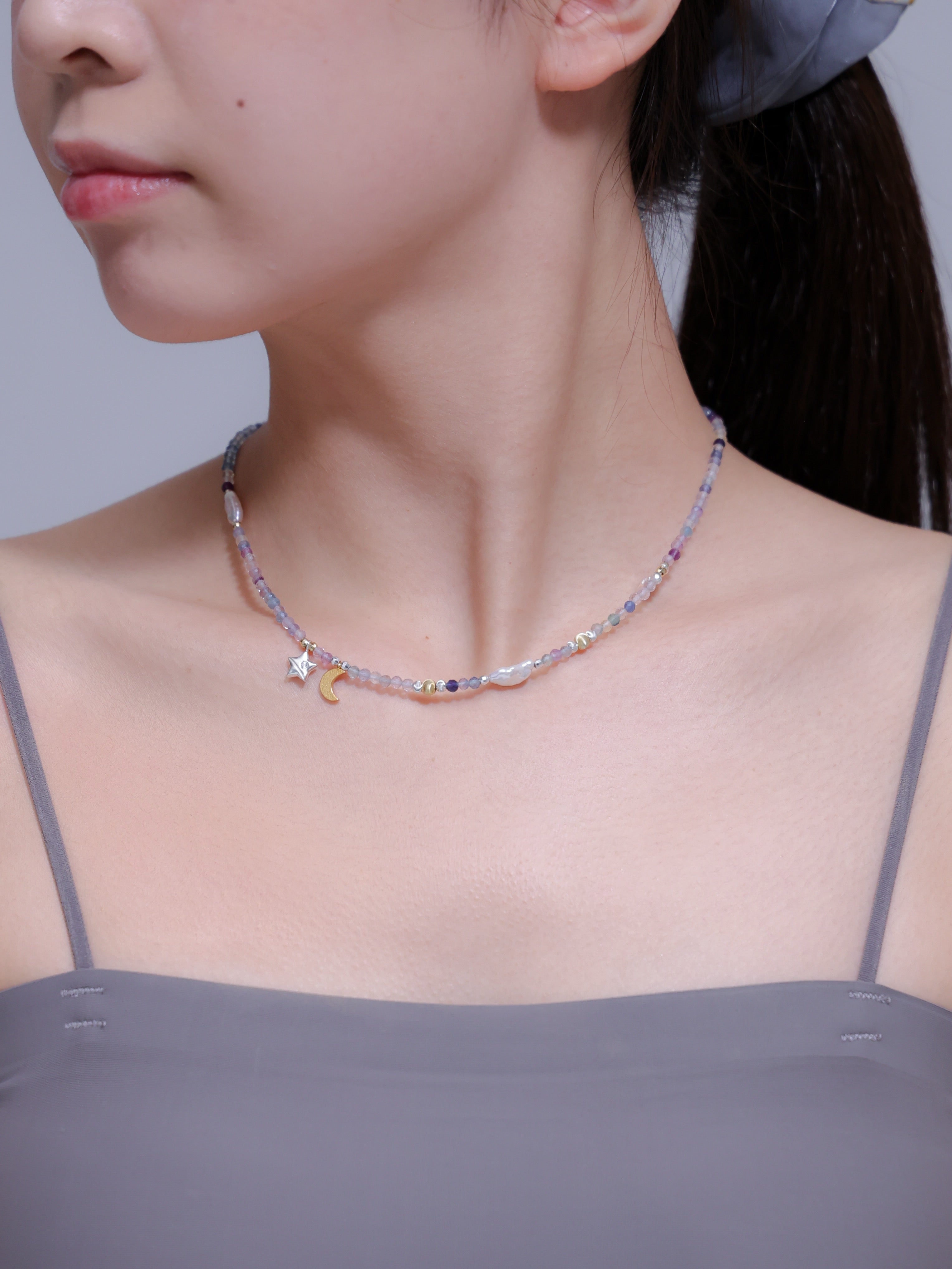 【お守り・華奢】フローライト ネックレス | 星と月 グラデーション SV925