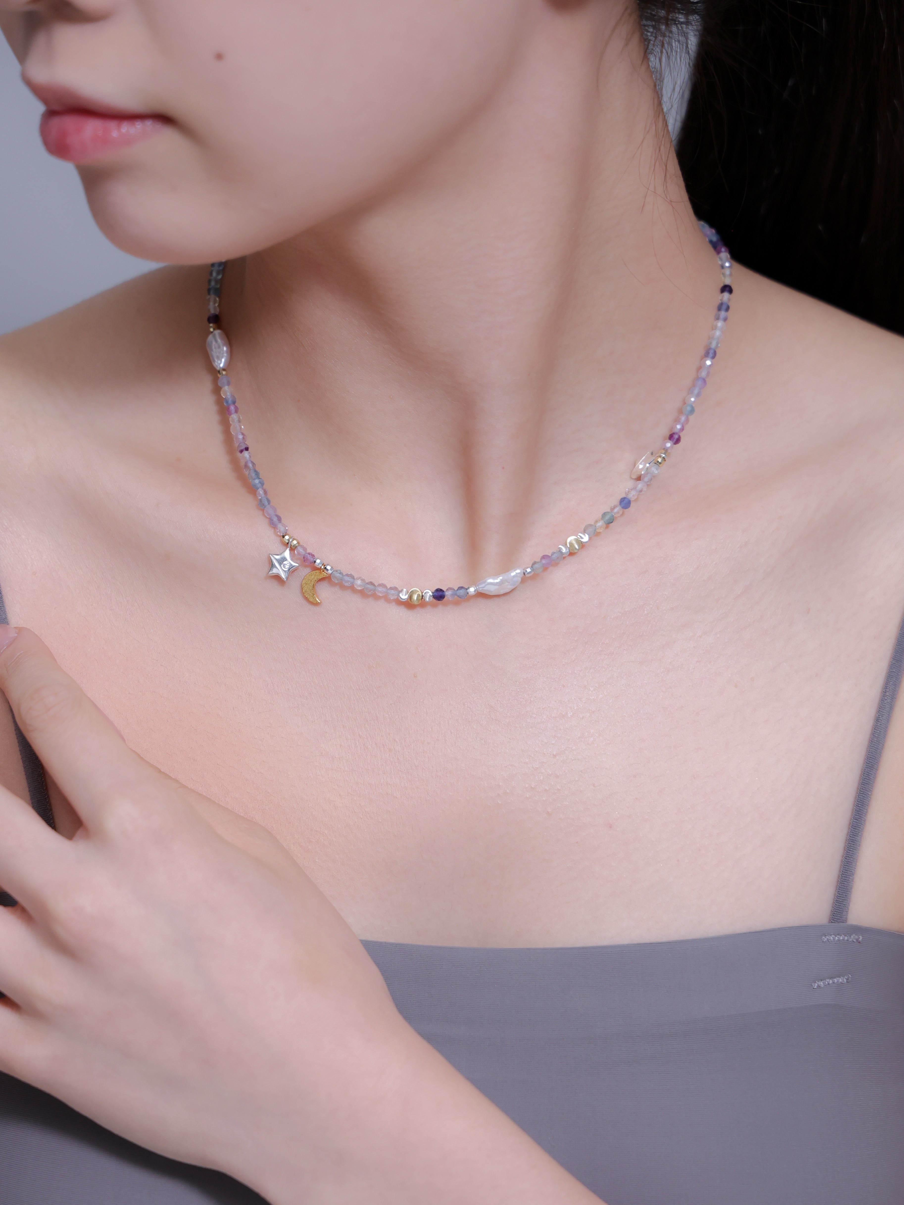 【お守り・華奢】フローライト ネックレス | 星と月 グラデーション SV925