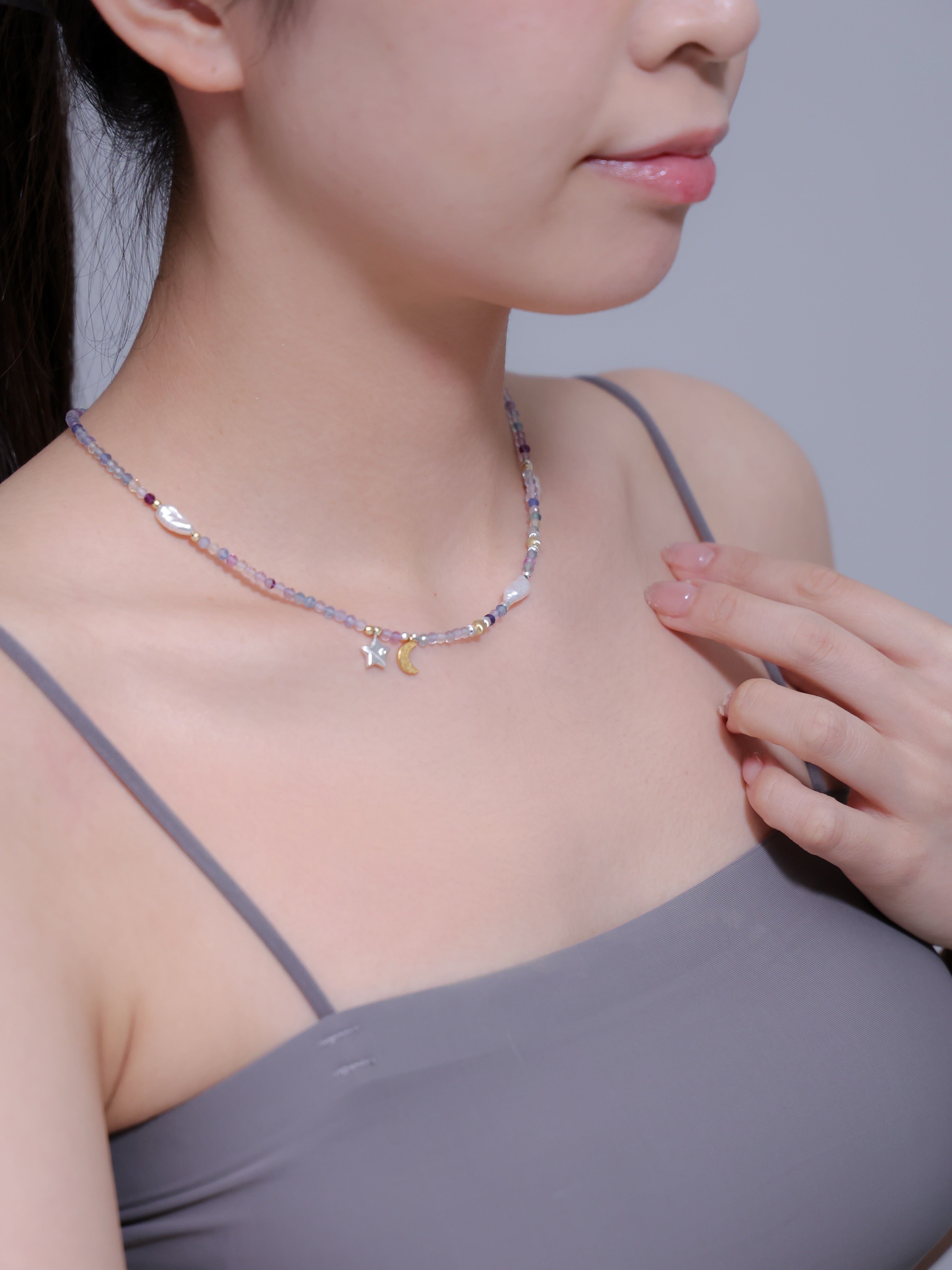 【お守り・華奢】フローライト ネックレス | 星と月 グラデーション SV925