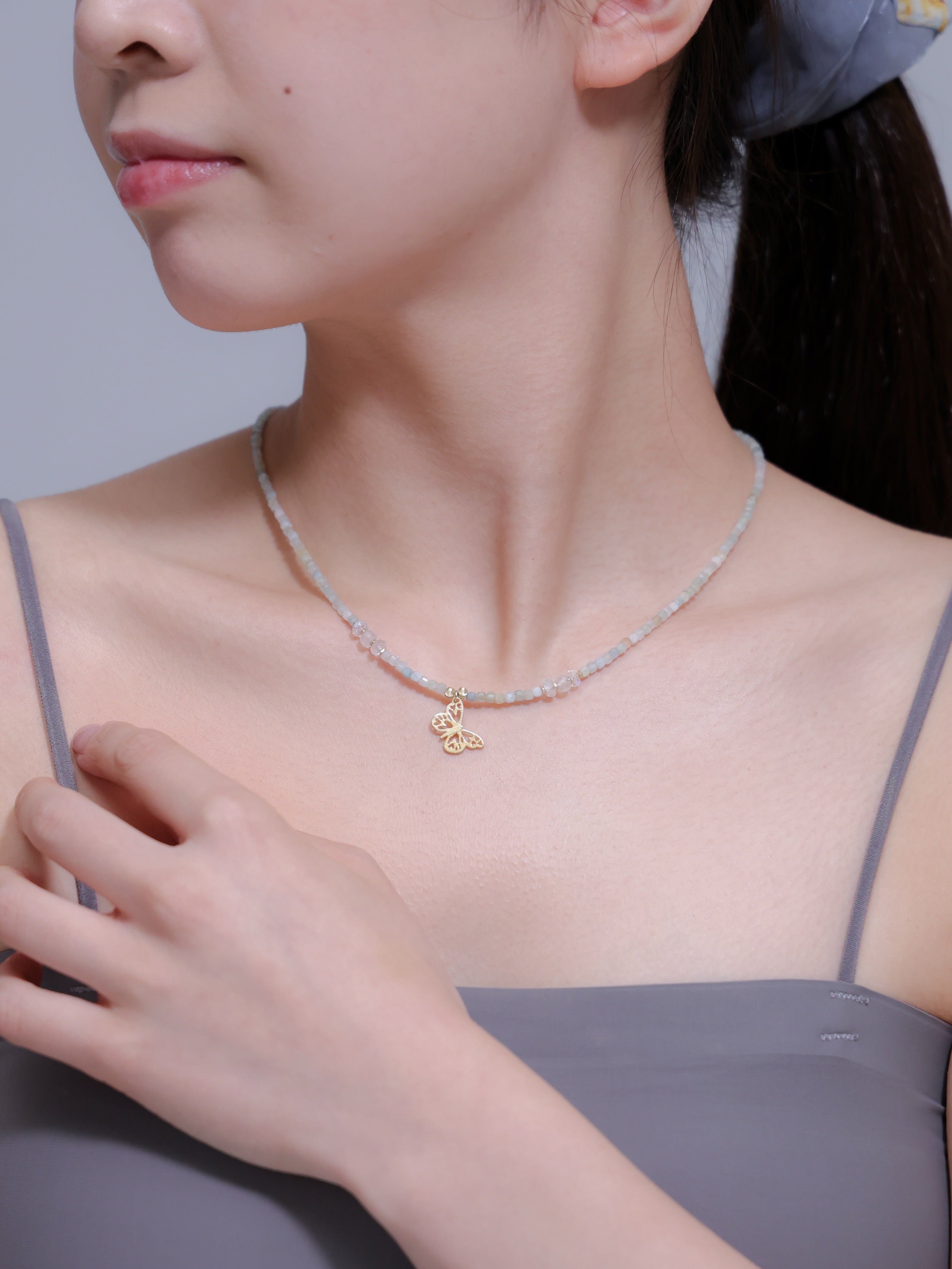 【6月 誕生石】グリーンカルセドニー ムーンストーン | 華奢 バタフライ K14Gメッキ