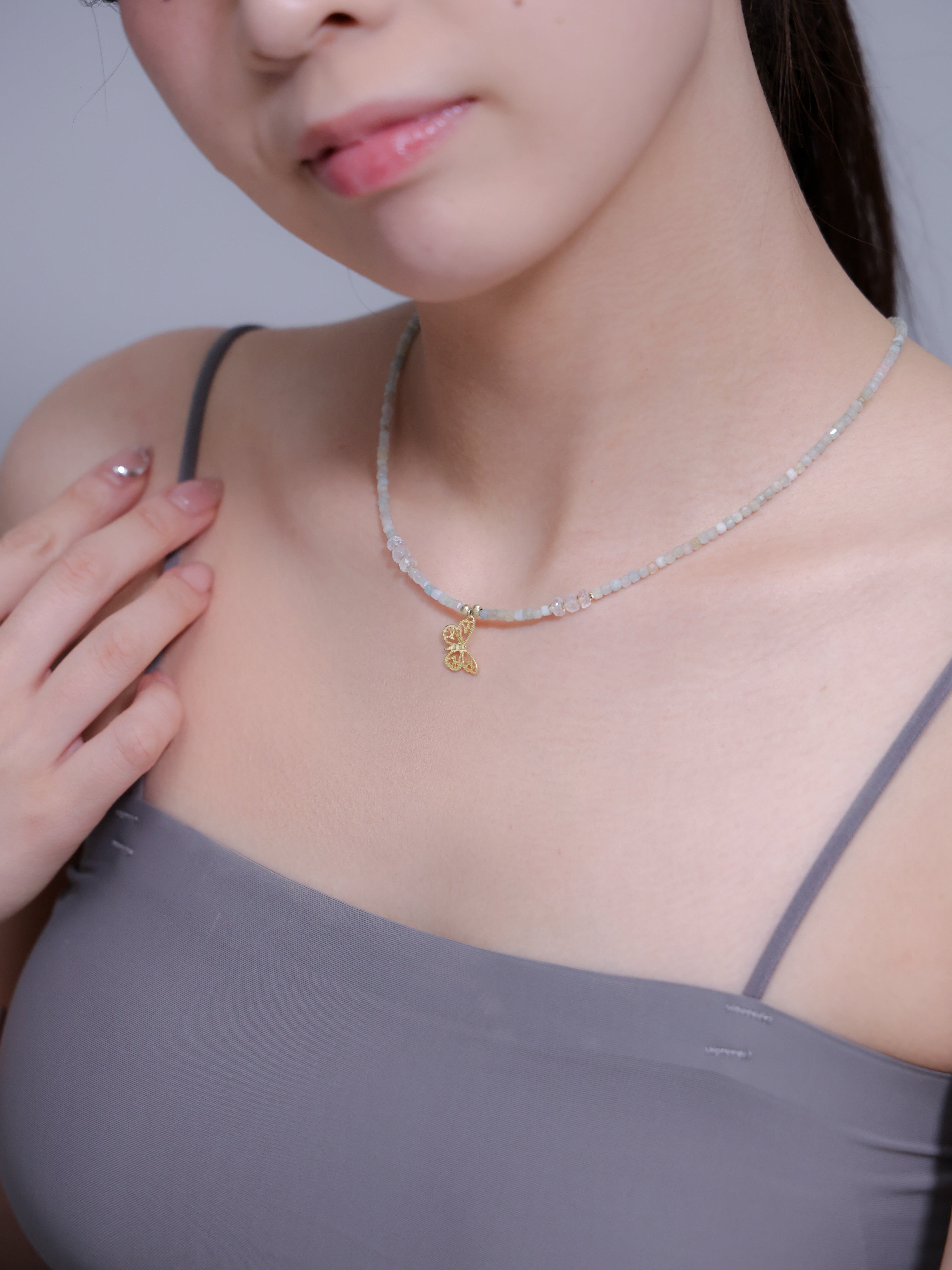 【6月 誕生石】グリーンカルセドニー ムーンストーン | 華奢 バタフライ K14Gメッキ