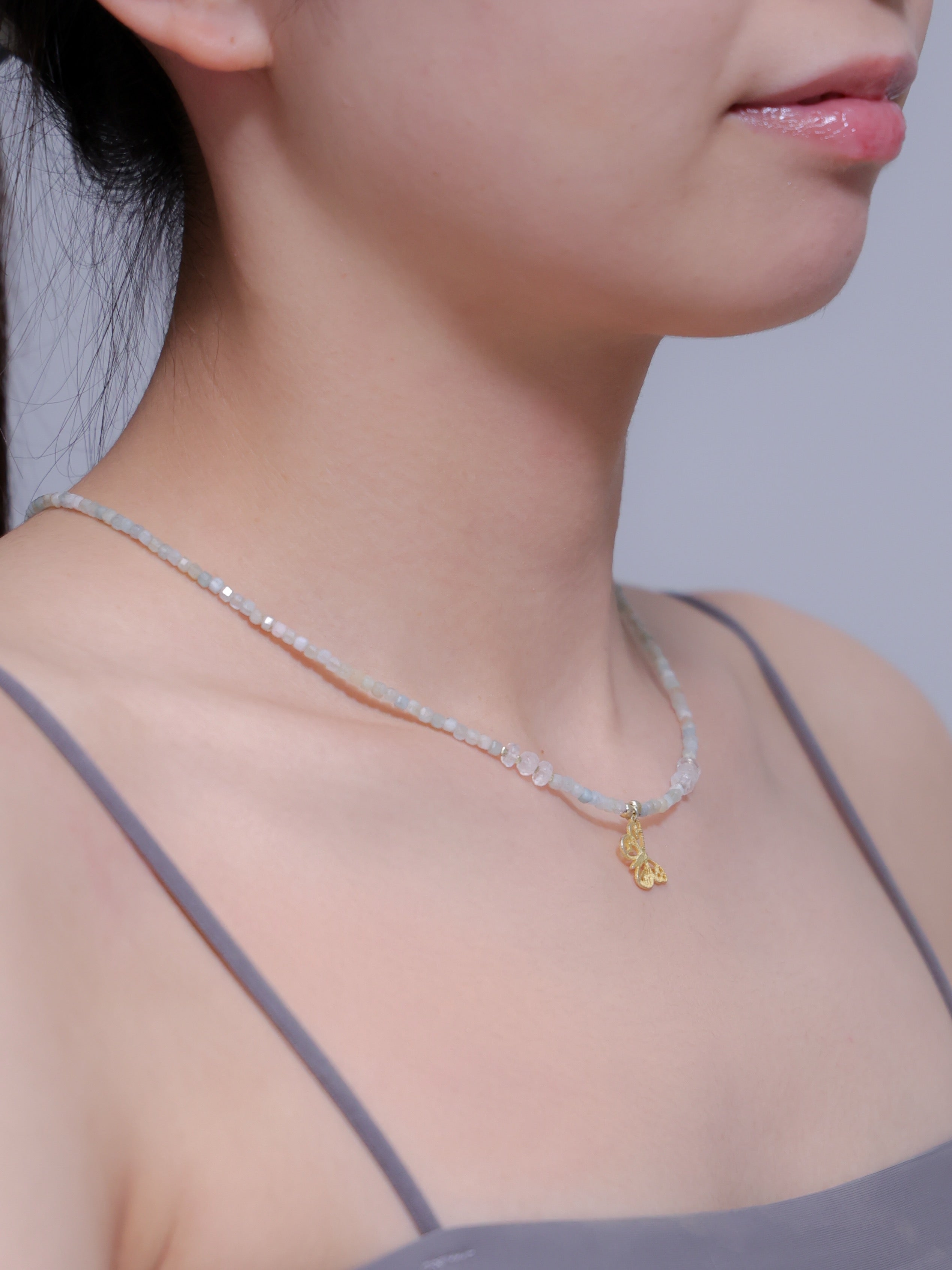 【6月 誕生石】グリーンカルセドニー ムーンストーン | 華奢 バタフライ K14Gメッキ