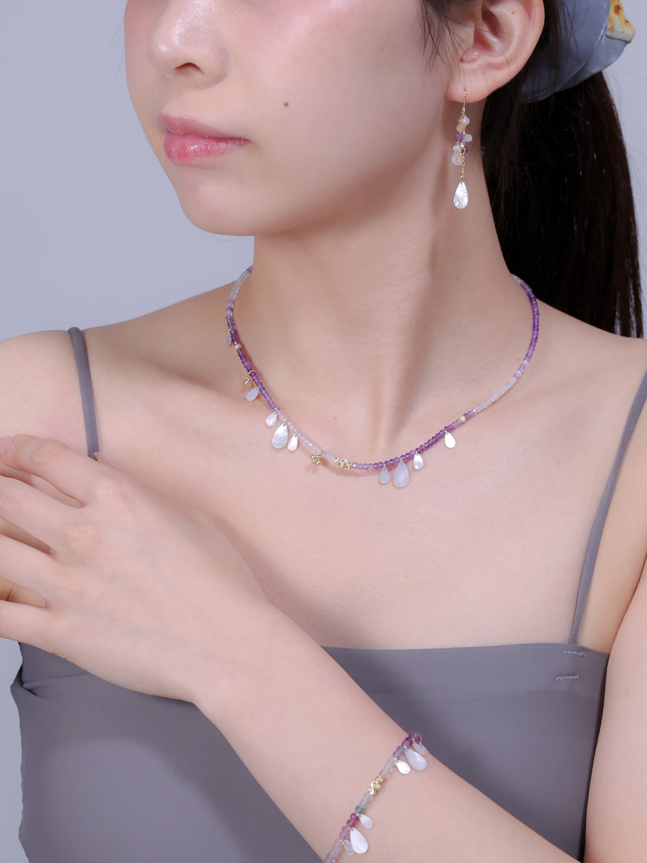 【2月・6月 誕生石】アメジスト 白蝶貝 ネックレス | 華奢 上品 K14メッキ