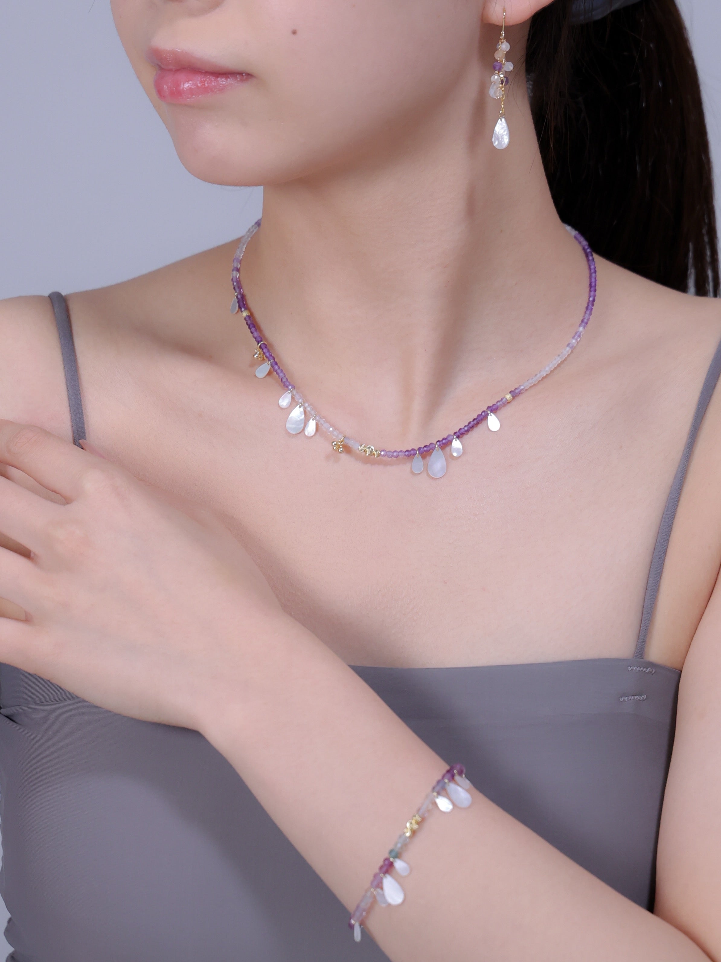 【2月・6月 誕生石】アメジスト 白蝶貝 ネックレス | 華奢 上品 K14メッキ