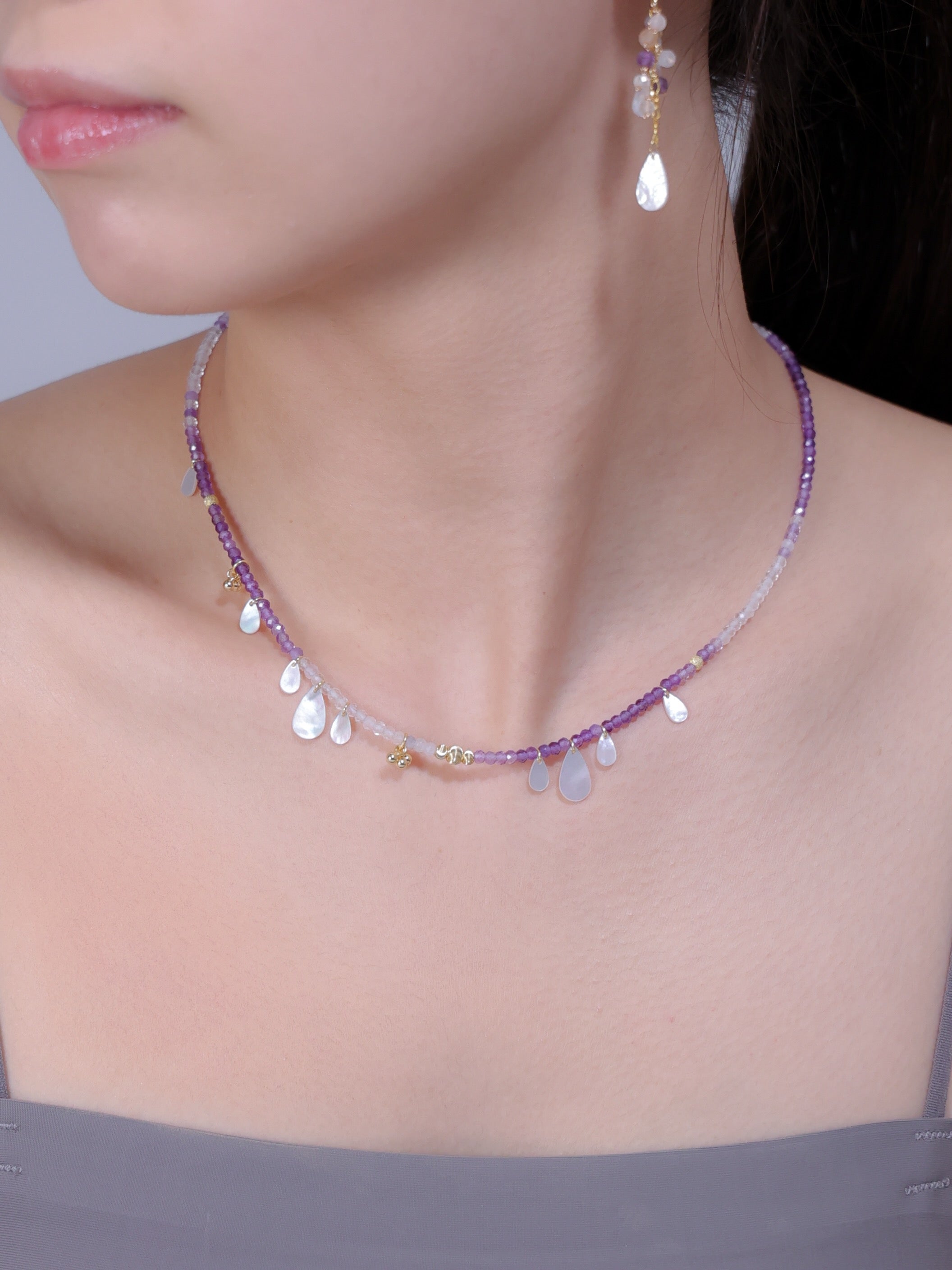 【2月・6月 誕生石】アメジスト 白蝶貝 ネックレス | 華奢 上品 K14メッキ