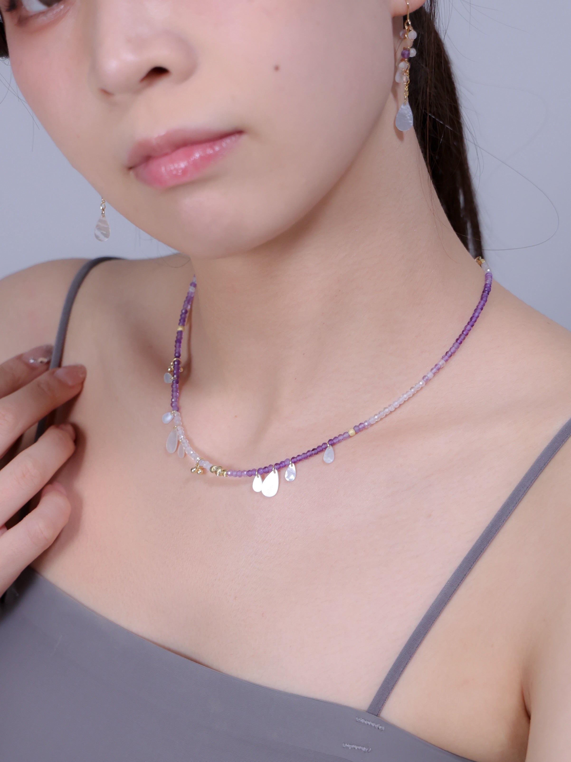 【2月・6月 誕生石】アメジスト 白蝶貝 ネックレス | 華奢 上品 K14メッキ