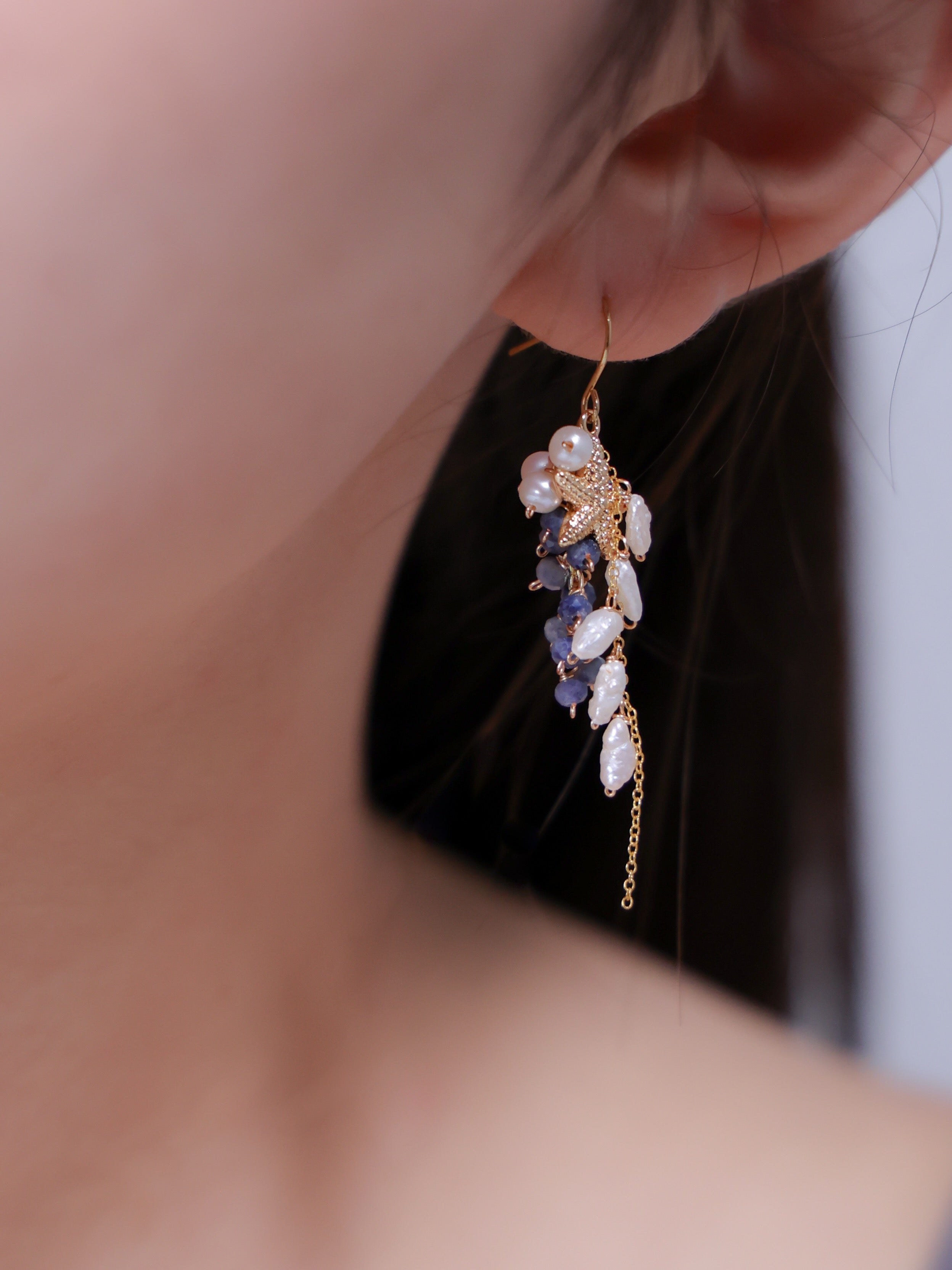 【9月誕生石】海辺の煌めき。サファイア & パールのスターフィッシュピアス｜アレルギー対応