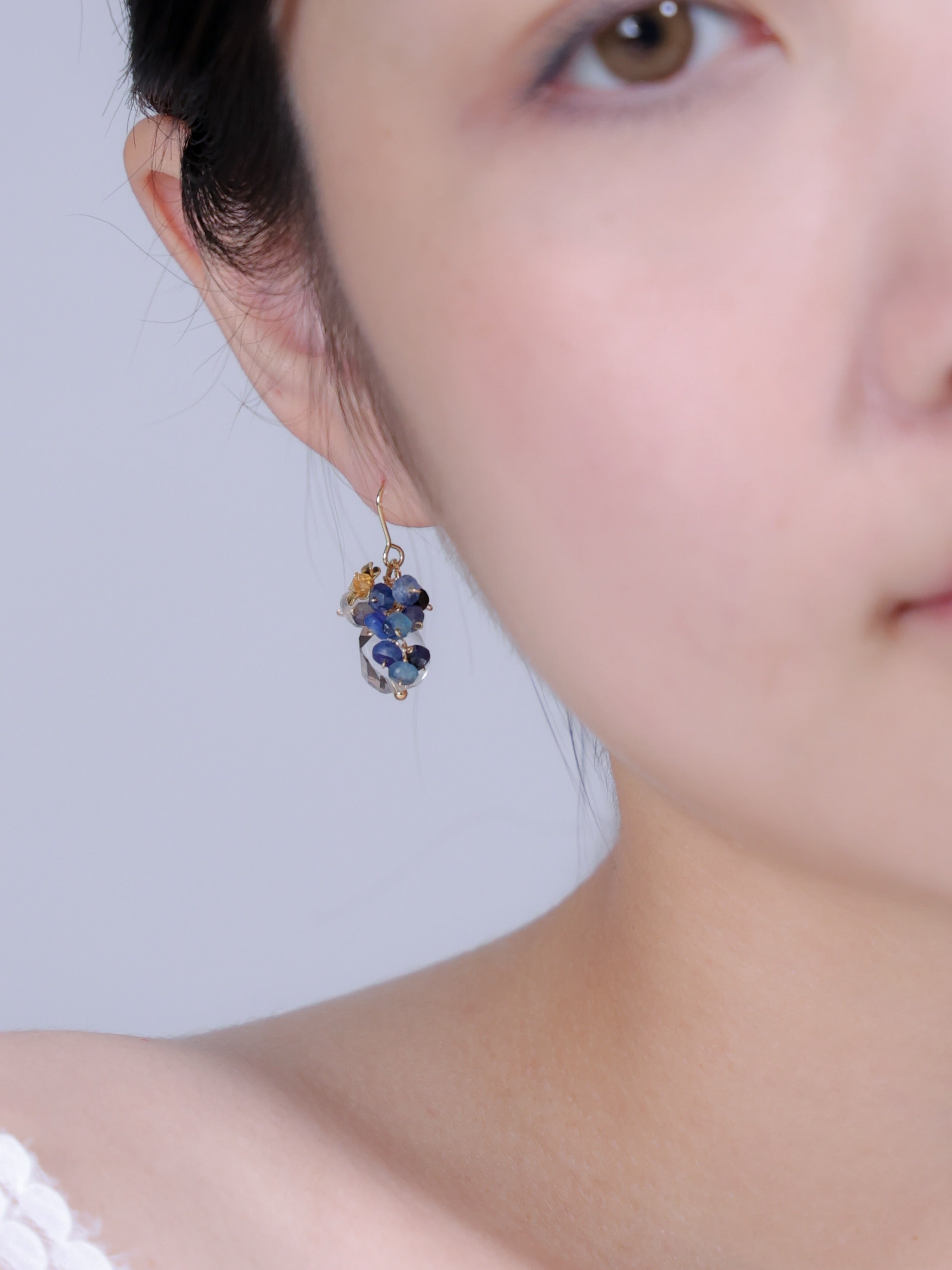 カイヤナイト & クリスタル ピアス | 金の花アクセント (14KGF/316L)