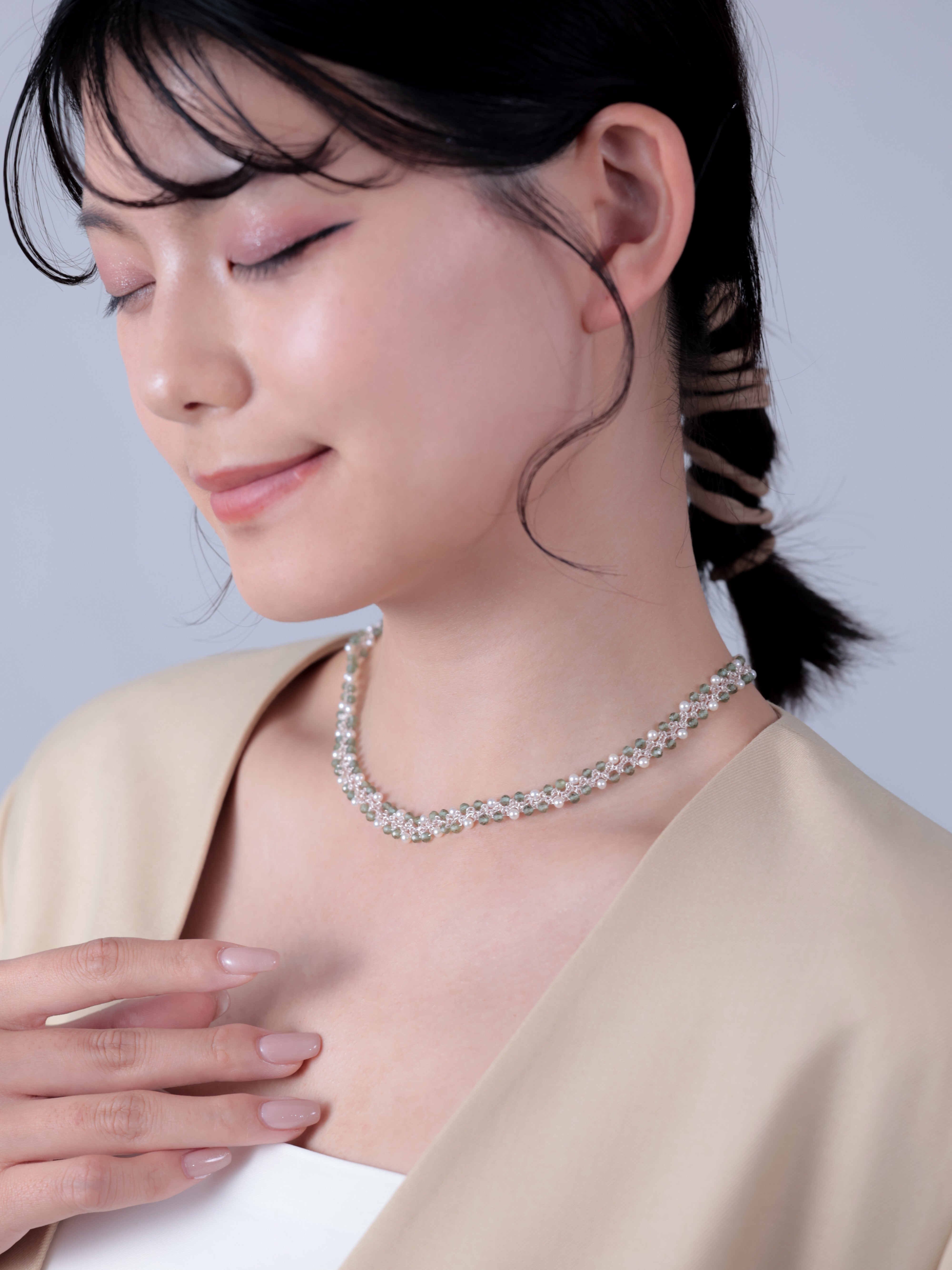 ダイオプサイド×パール タティングレース ネックレス - 【若葉のしずく】 繊細な手編みアーチ / 40cm