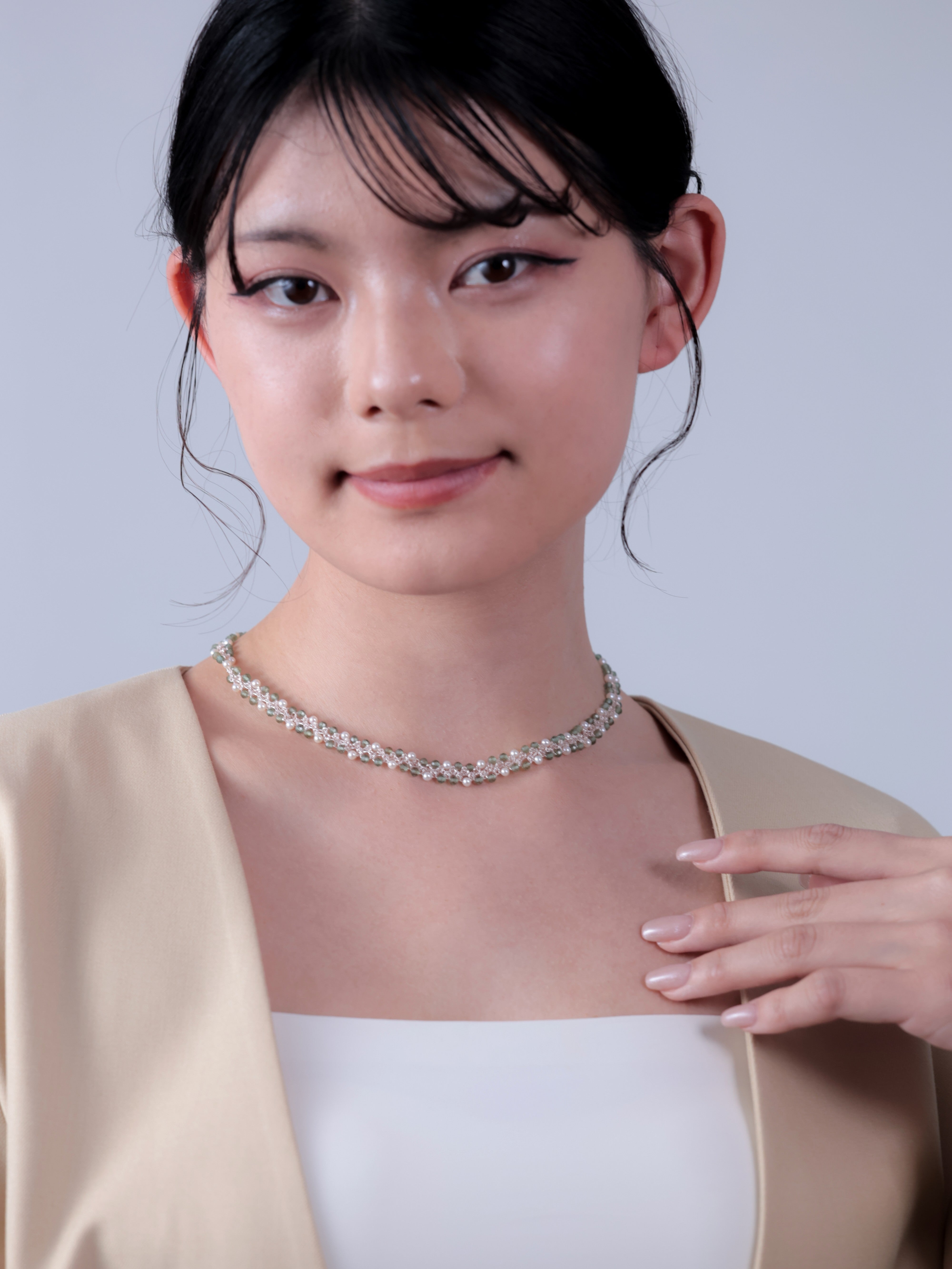 ダイオプサイド×パール タティングレース ネックレス - 【若葉のしずく】 繊細な手編みアーチ / 40cm