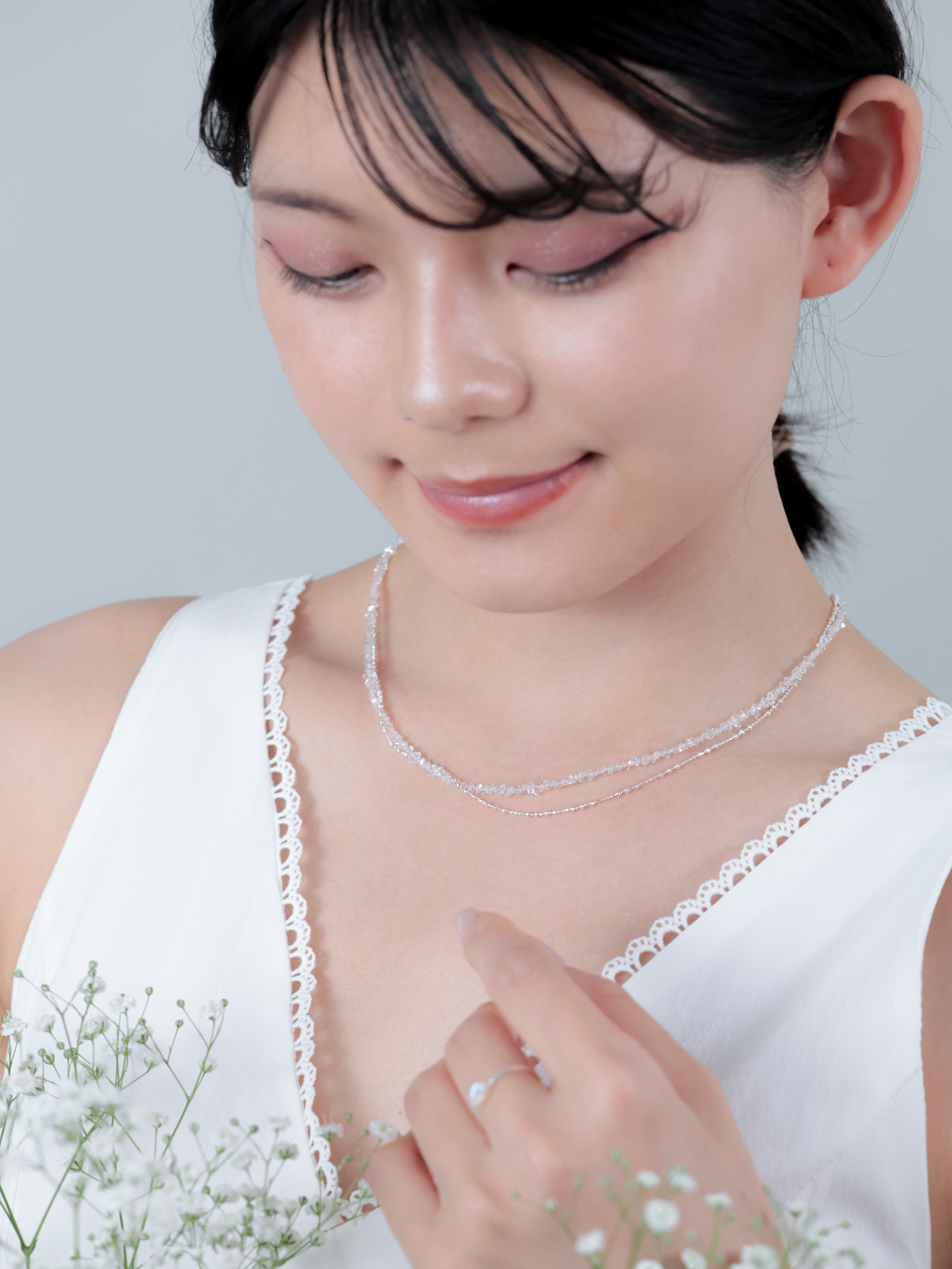 希少石 フェナカイト 2連ネックレス - 【天使の煌めき】ピュアな透明感と洗練のレイヤード / 高波動ストーン SV925