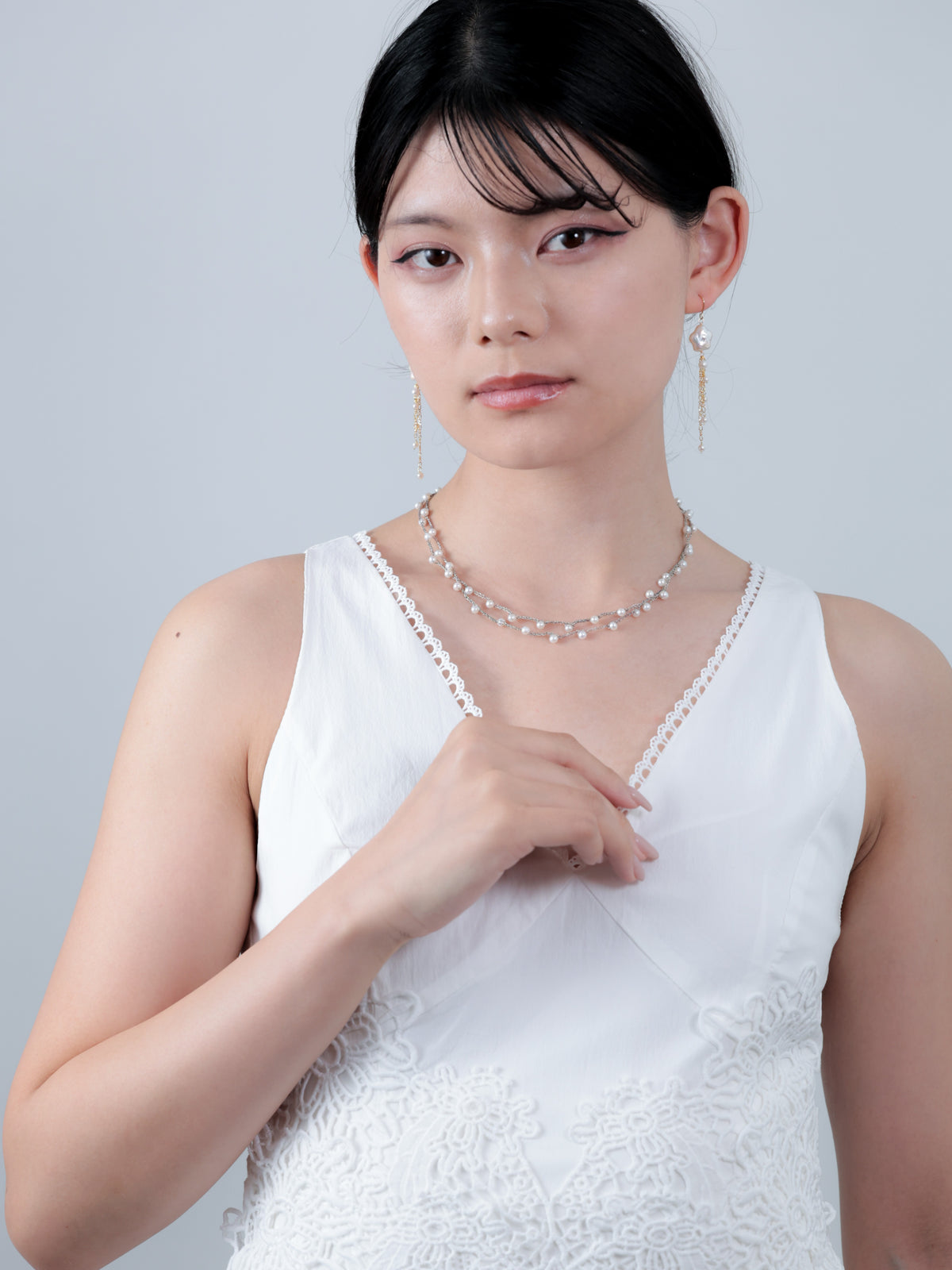 淡水パール 2連ロングネックレス〈白雪の円舞曲〉銀糸のタティングレース 95cm ／ 6月誕生石｜神戸アトリエ LUCINE