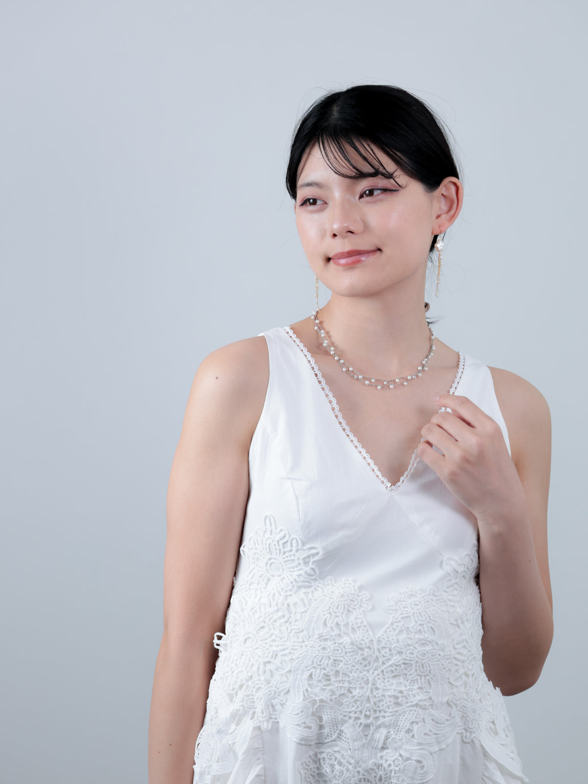 淡水パール 2連ロングネックレス〈白雪の円舞曲〉銀糸のタティングレース 95cm ／ 6月誕生石｜神戸アトリエ LUCINE