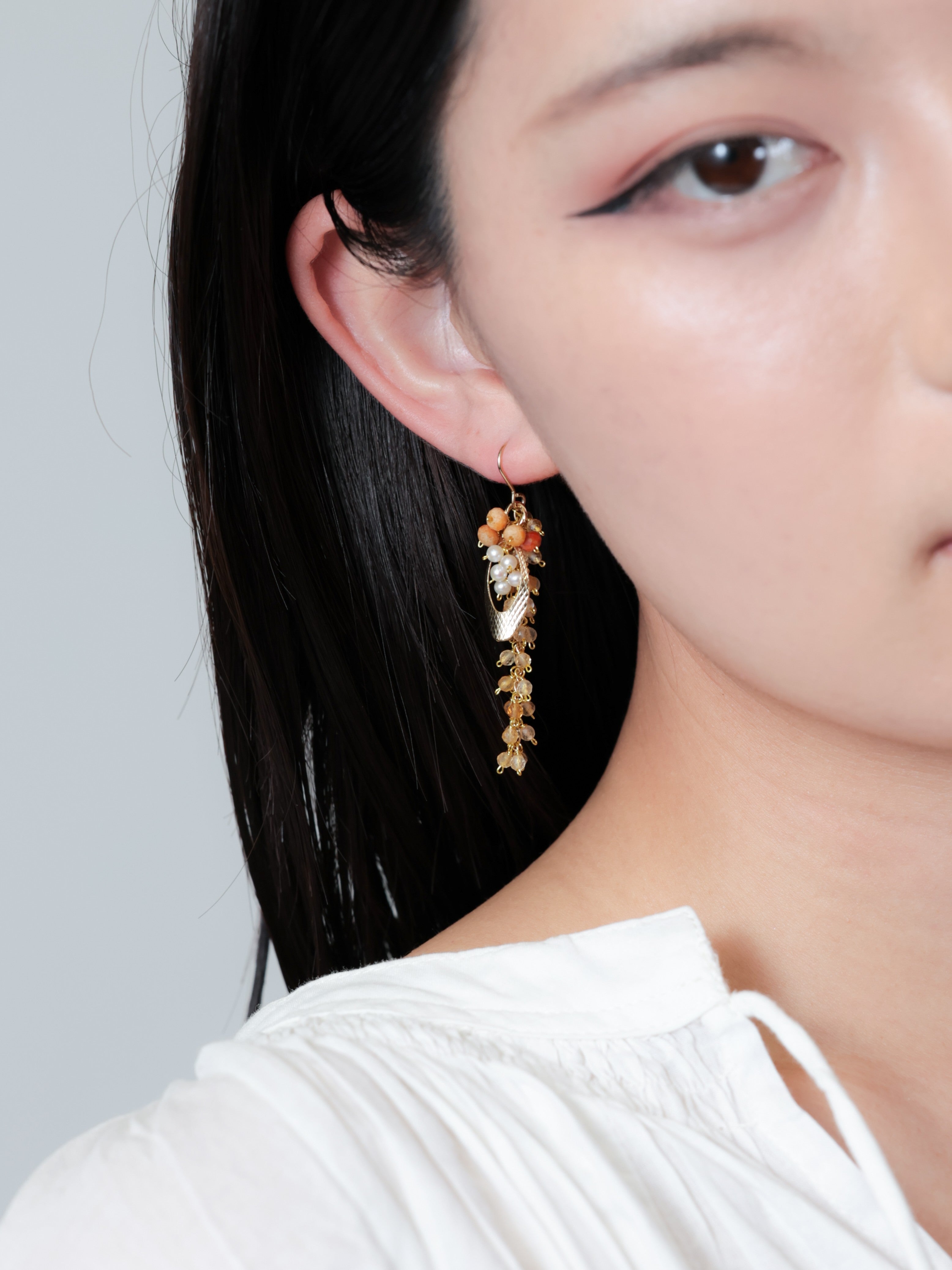 LUCINE シトリン × 赤瑪瑙 ヴィンテージ風 ロングピアス/イヤリング