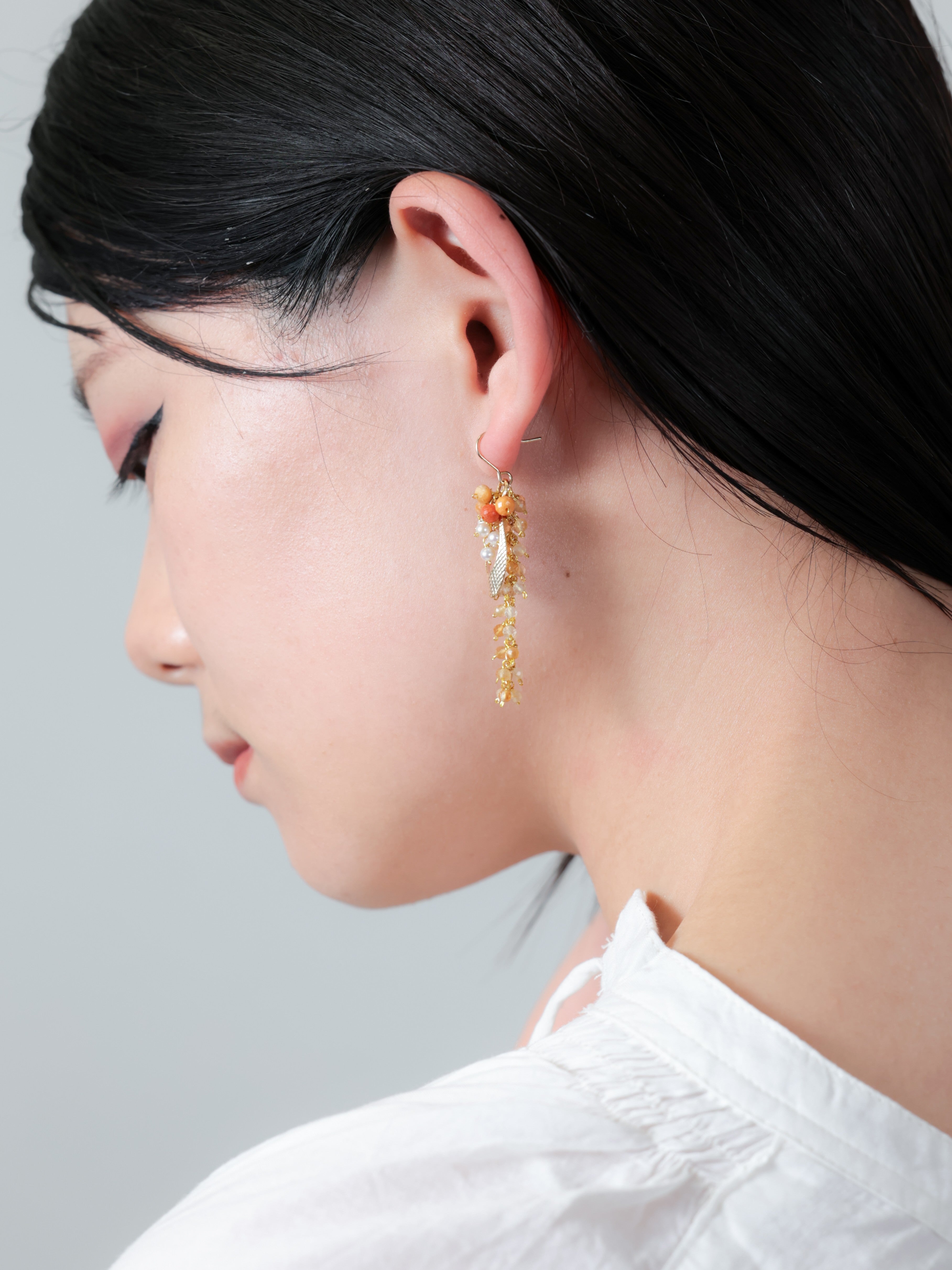 LUCINE シトリン × 赤瑪瑙 ヴィンテージ風 ロングピアス/イヤリング