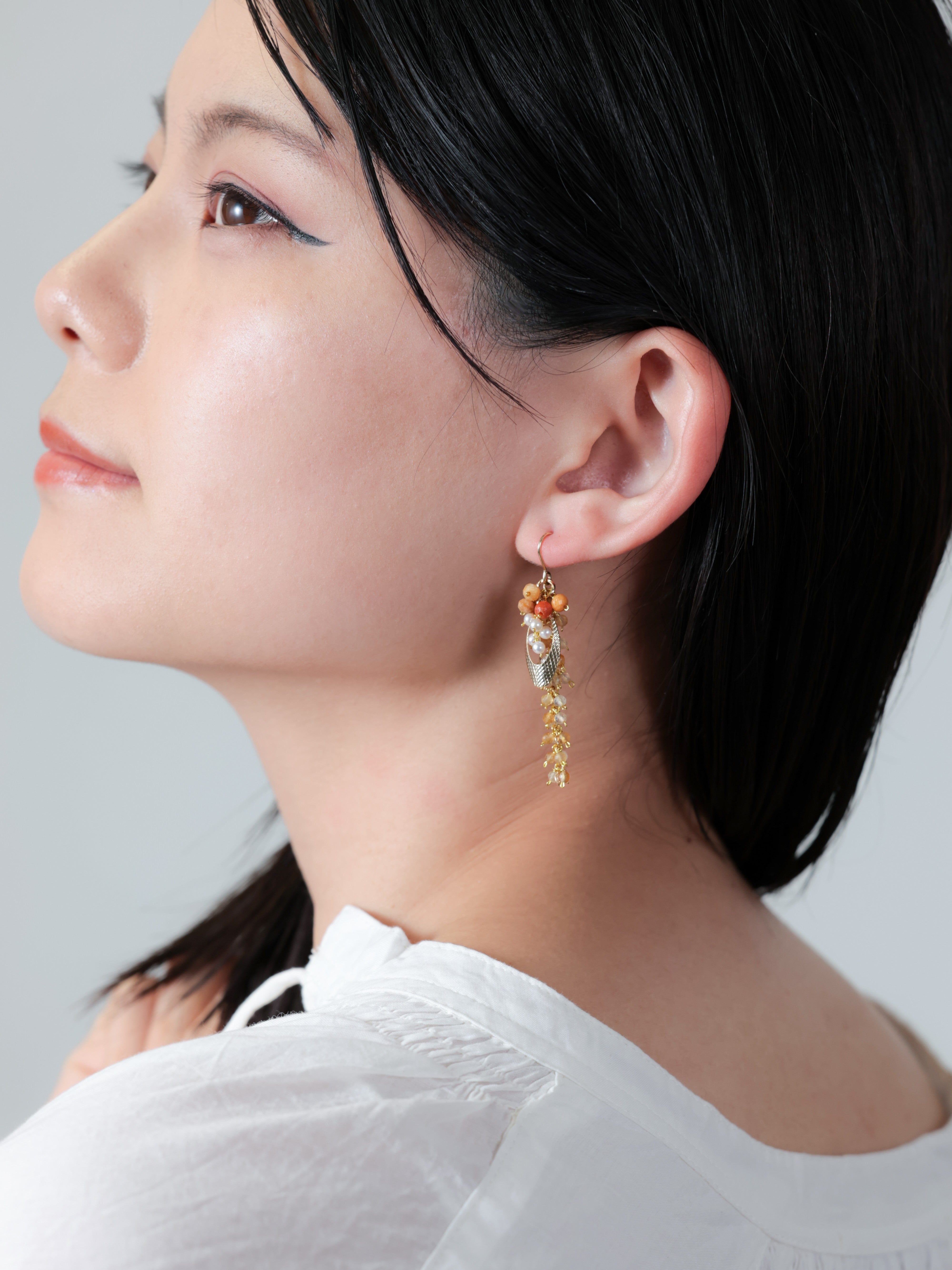 14kgfシトリンロングピアス/イヤリング LUCINE シトリン × 赤瑪瑙 ヴィンテージ風 ロングピアス/イヤリング