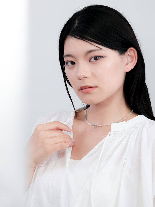 アマゾナイト & ローズクォーツ マルチカラーネックレス - 【虹色の花束】心躍るパステル天然石 / ムーンストーン SV925(K14GP)