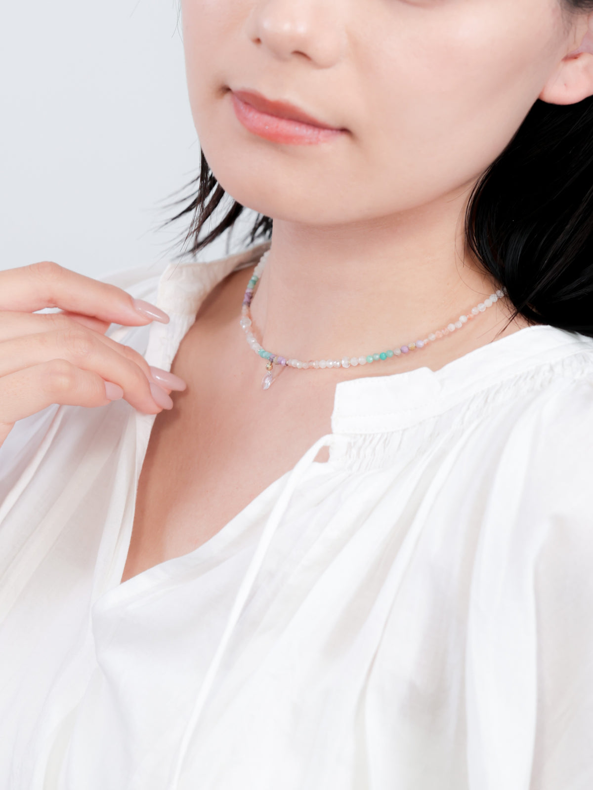 アマゾナイト & ローズクォーツ マルチカラーネックレス - 【虹色の花束】心躍るパステル天然石 / ムーンストーン SV925(K14GP)