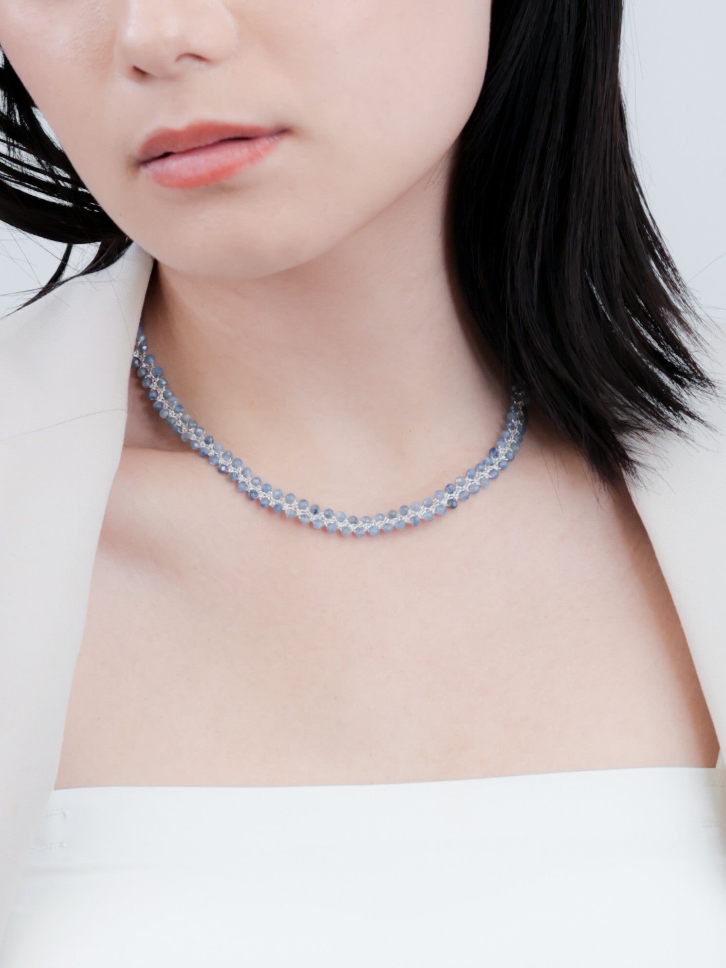 カイヤナイト クロッシェ ショートネックレス〈氷の華〉SV925 高輝度メタリックコード ／ 40cm 手仕事の梭編｜神戸アトリエ LUCINE