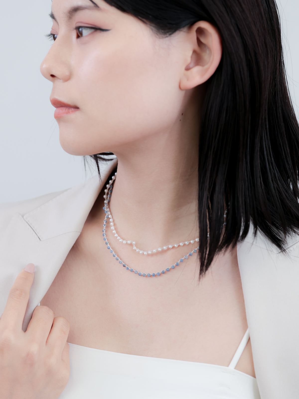カイヤナイト × 淡水パール 2連 ロングネックレス〈深海の月光〉銀糸クロッシェ ／ 85cm｜神戸アトリエ LUCINE