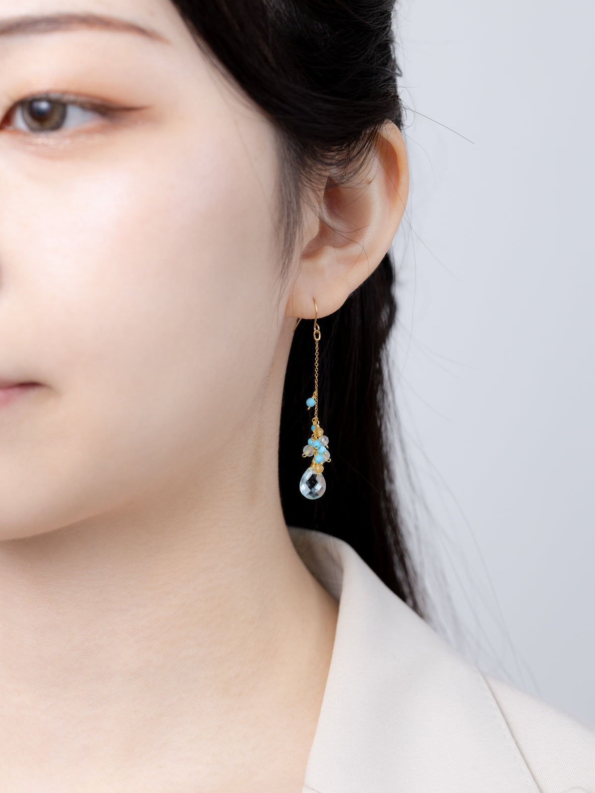 ターコイズ＆シトリン＆クォーツ 揺れるロングピアス〈爽やかな彩り〉イヤリング変更可 14KGF / 11月・12月誕生石｜神戸アトリエ LUCINE