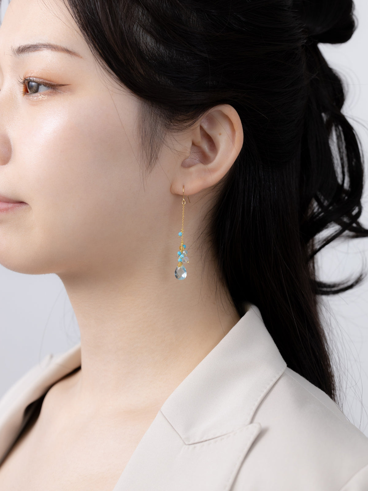 ターコイズ＆シトリン＆クォーツ 揺れるロングピアス〈爽やかな彩り〉イヤリング変更可 14KGF / 11月・12月誕生石｜神戸アトリエ LUCINE