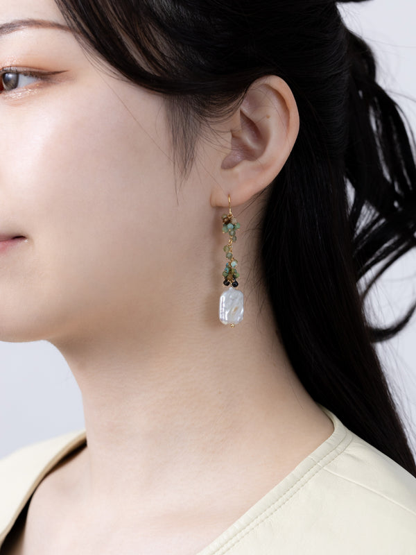 ターコイズ & バロックパール 揺れる ピアス - 【イヤリング変更可】シックなアースカラー / 12月・6月誕生石 14kgf