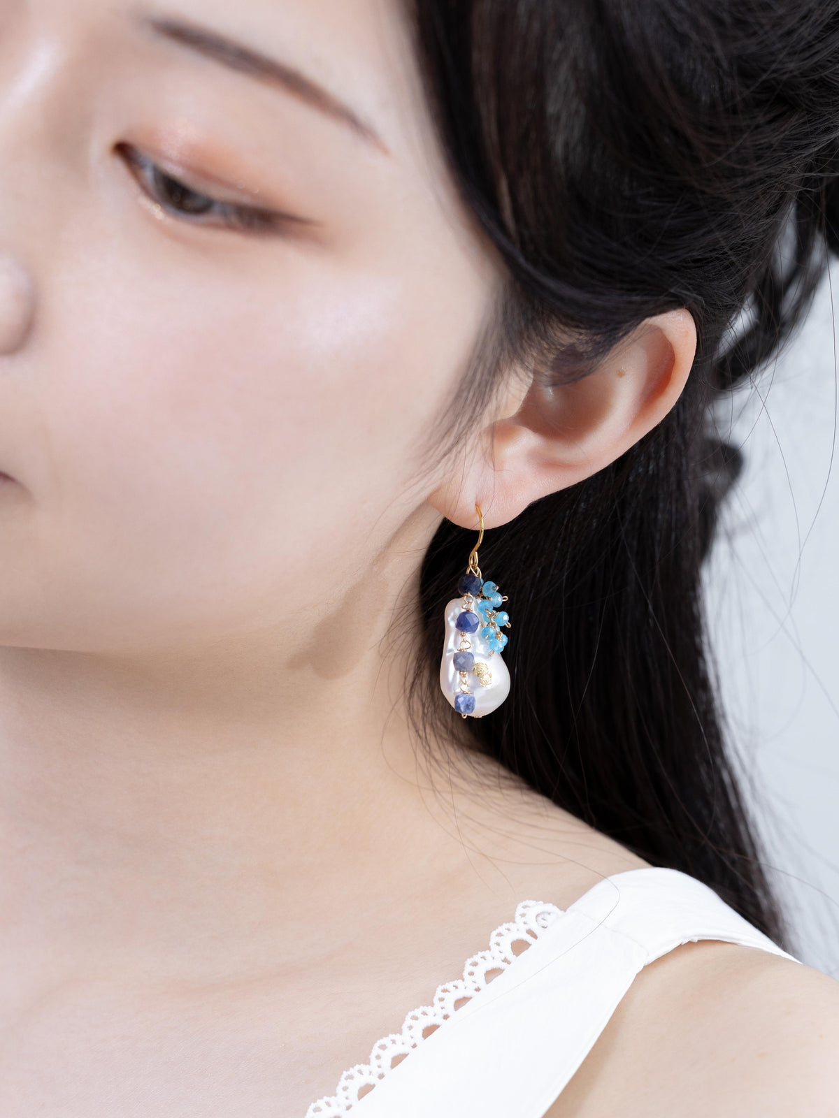 バロックパール × ブルー天然石 ピアス/イヤリング - 【人魚の涙】金具変更可
