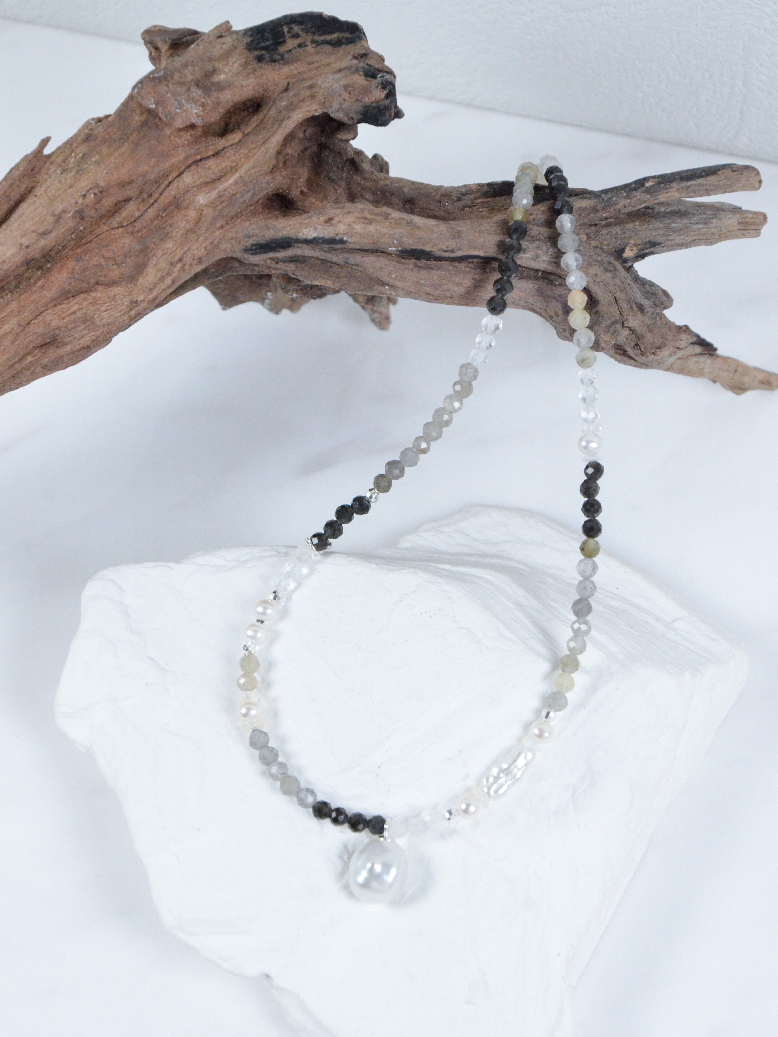 【葉】オブシディアン·ラブラドライト パールネックレス｜SV925