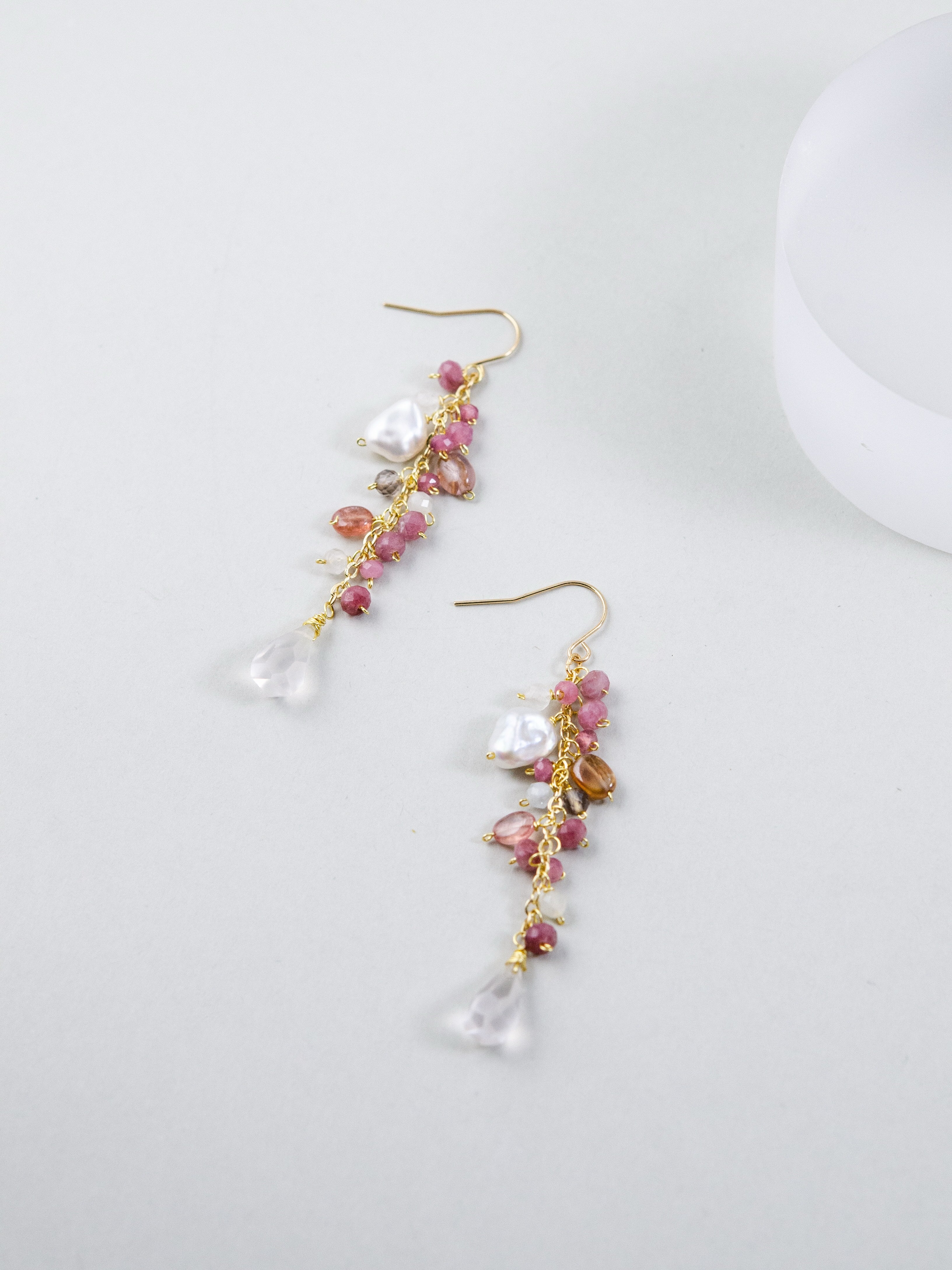 【10月誕生石】ピンクトルマリン & ローズクォーツ ピアス | 桜色の輝き (14KGF/316L)