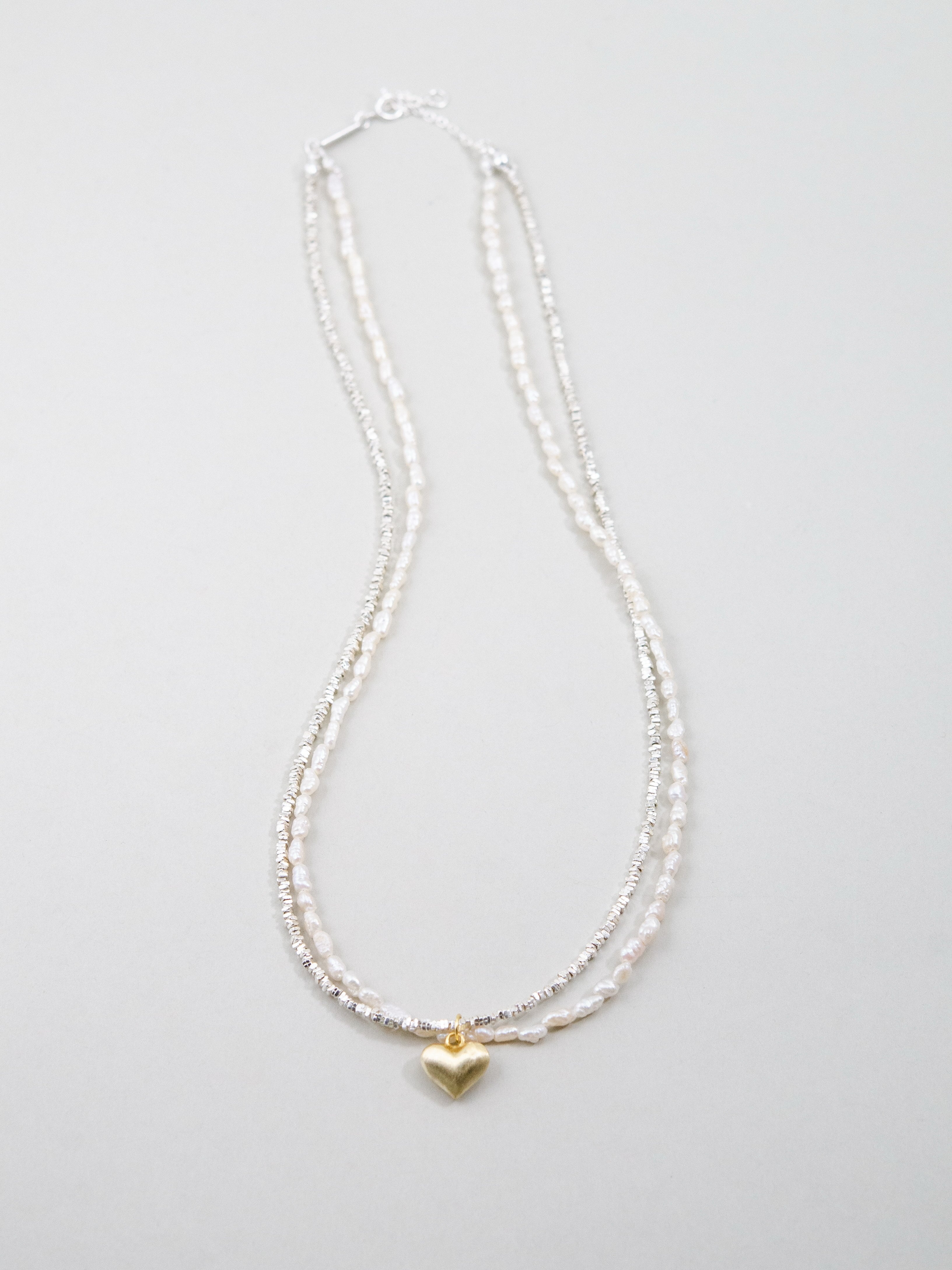 【6月 誕生石】淡水パール 2連 ネックレス | 華奢 ハートチャーム SV925