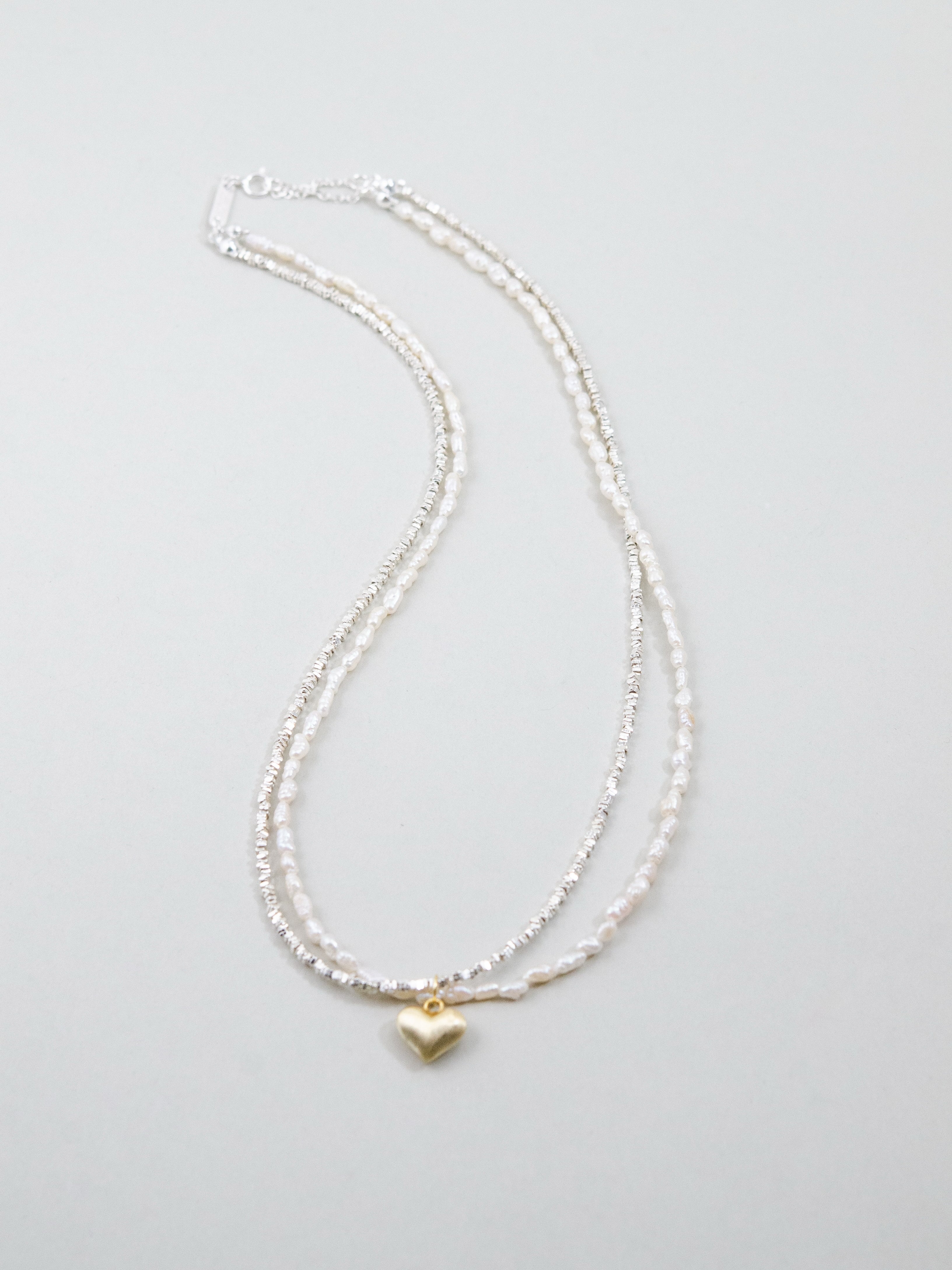 【6月 誕生石】淡水パール 2連 ネックレス | 華奢 ハートチャーム SV925