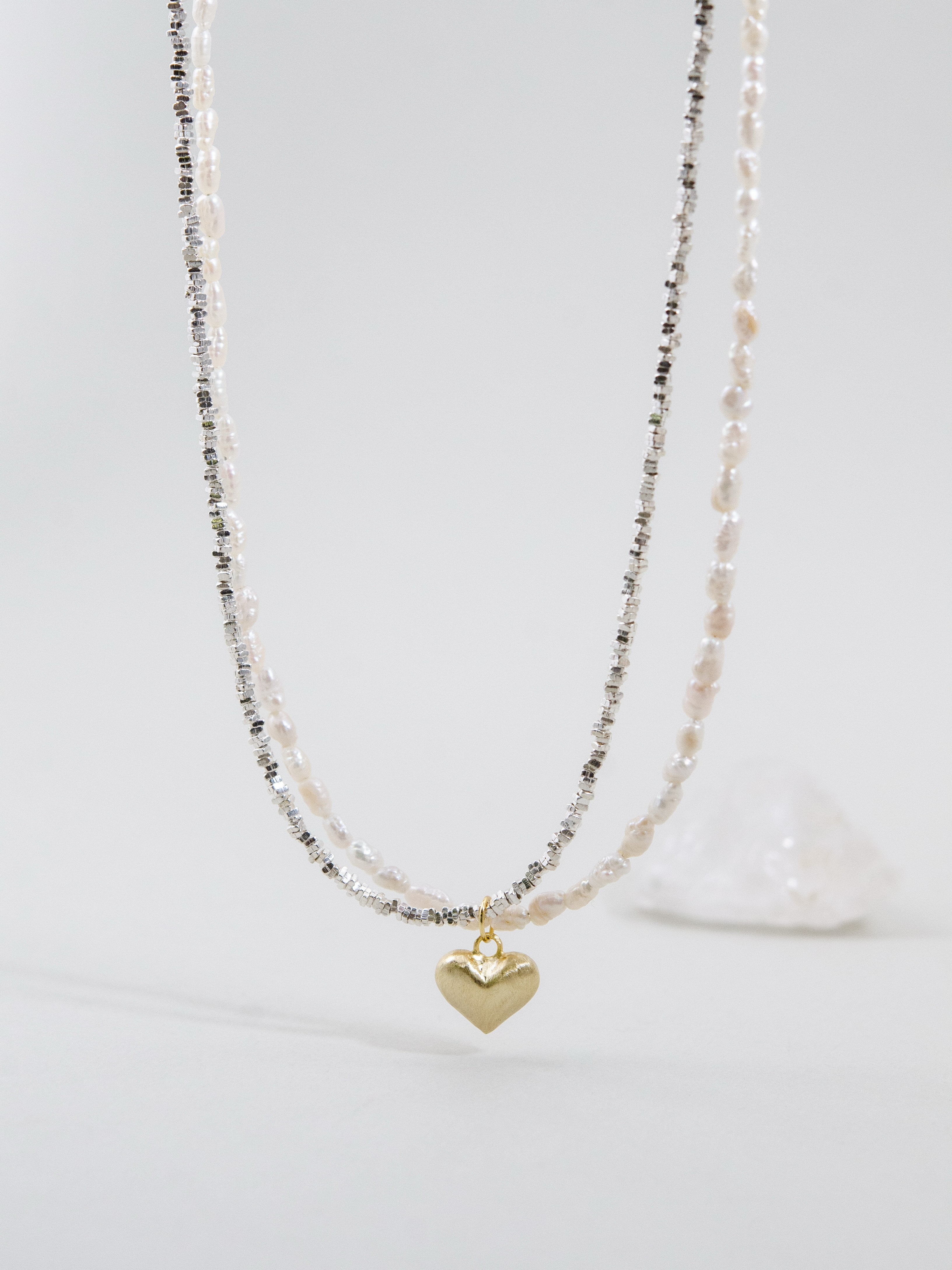 【6月 誕生石】淡水パール 2連 ネックレス | 華奢 ハートチャーム SV925