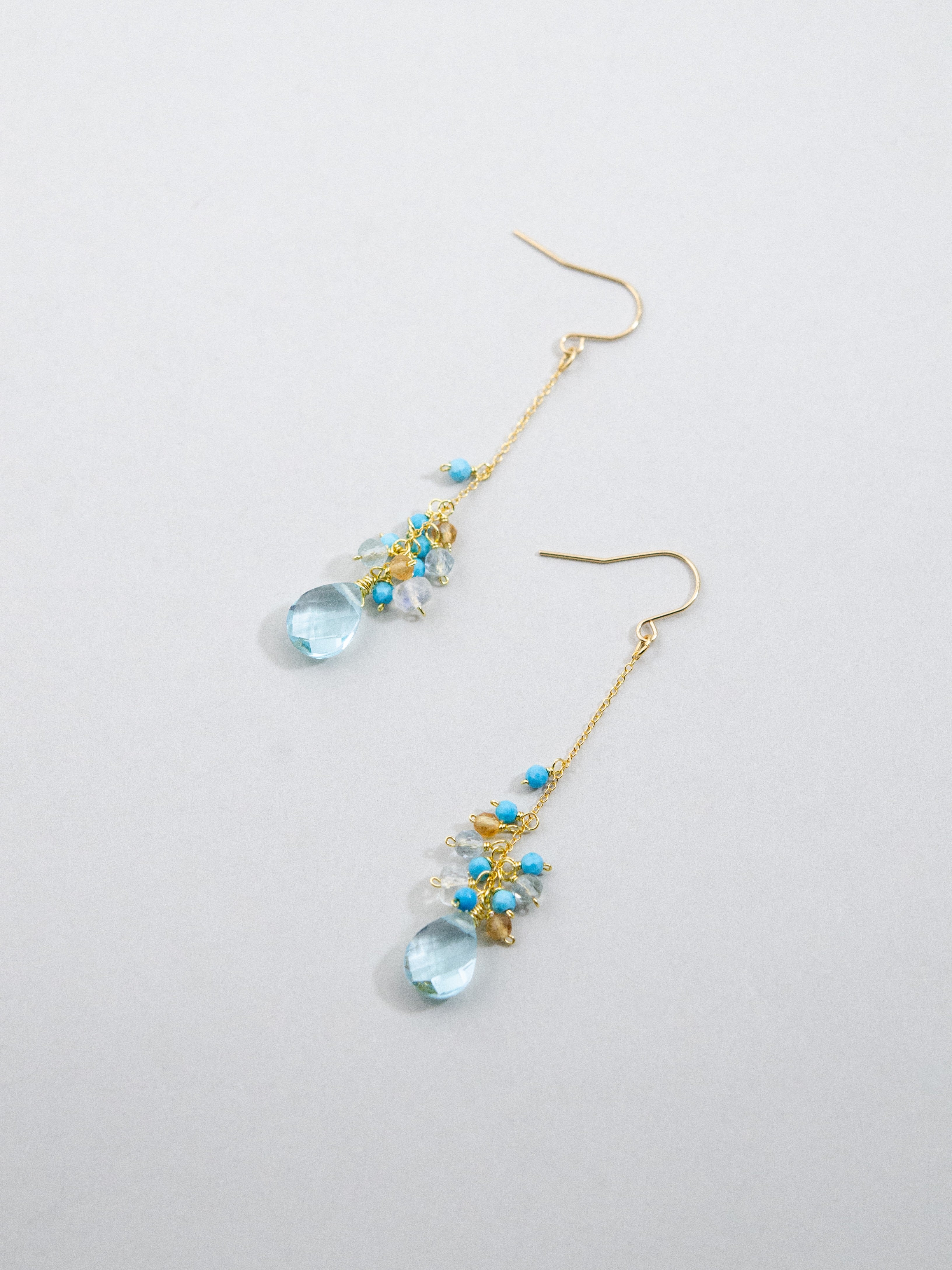 【海と太陽の彩り】クォーツ & ターコイズ・シトリンのロングピアス｜アレルギー対応