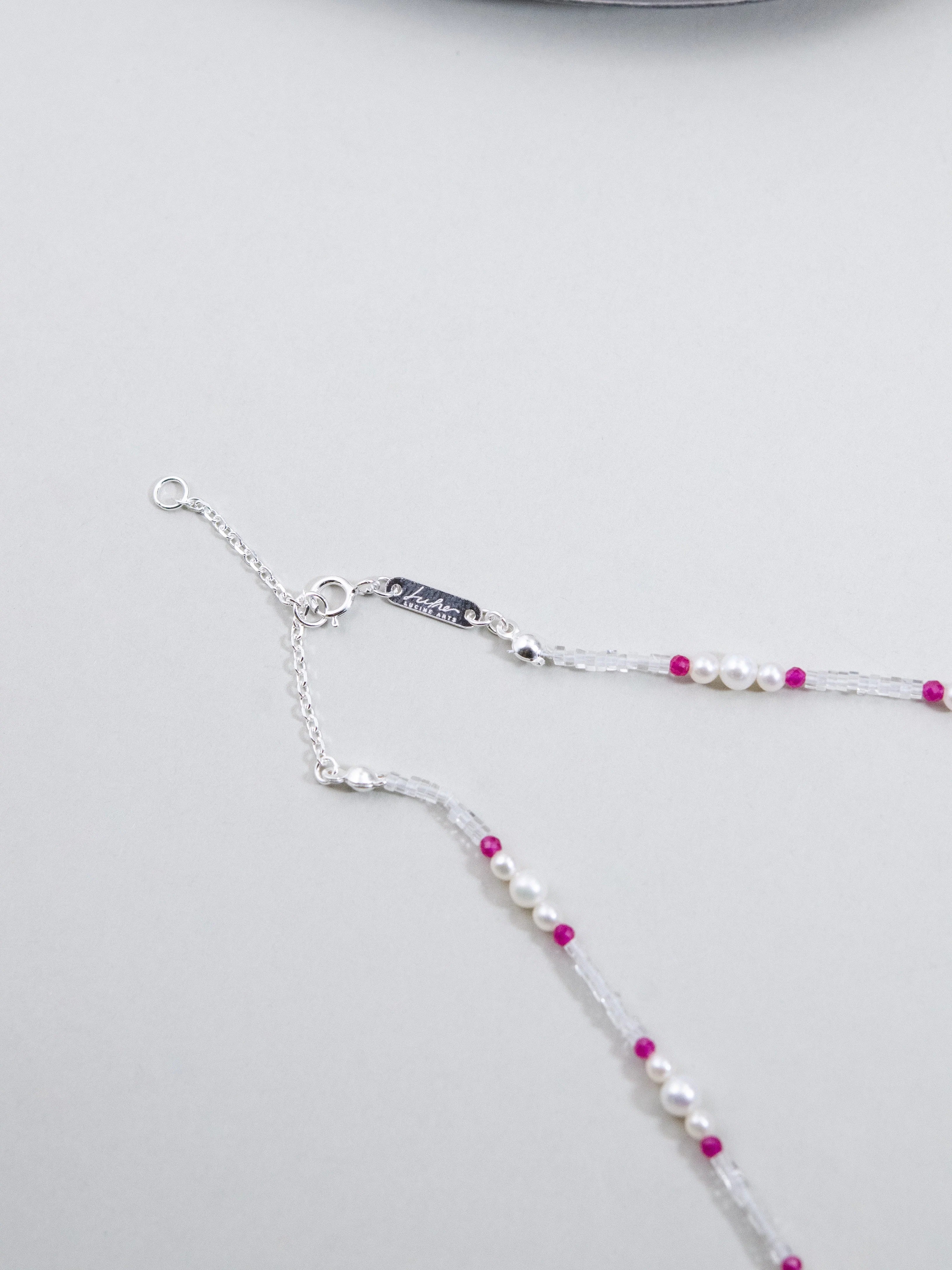 淡水パール & ルビー & クリスタル ネックレス - 【3大宝石の共演】紅白の輝き / 7月・4月・6月誕生石 SV925