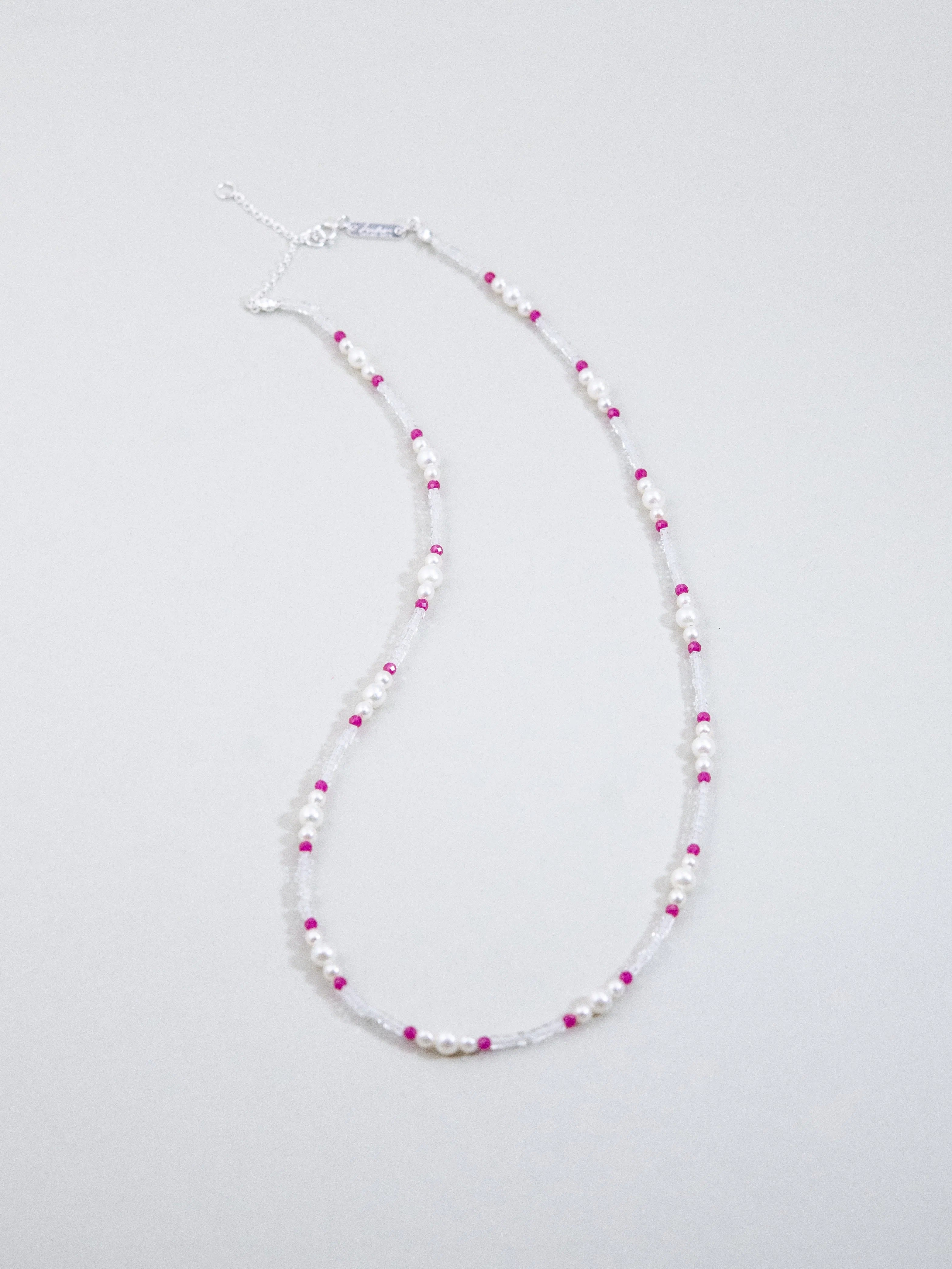 淡水パール & ルビー & クリスタル ネックレス - 【3大宝石の共演】紅白の輝き / 7月・4月・6月誕生石 SV925