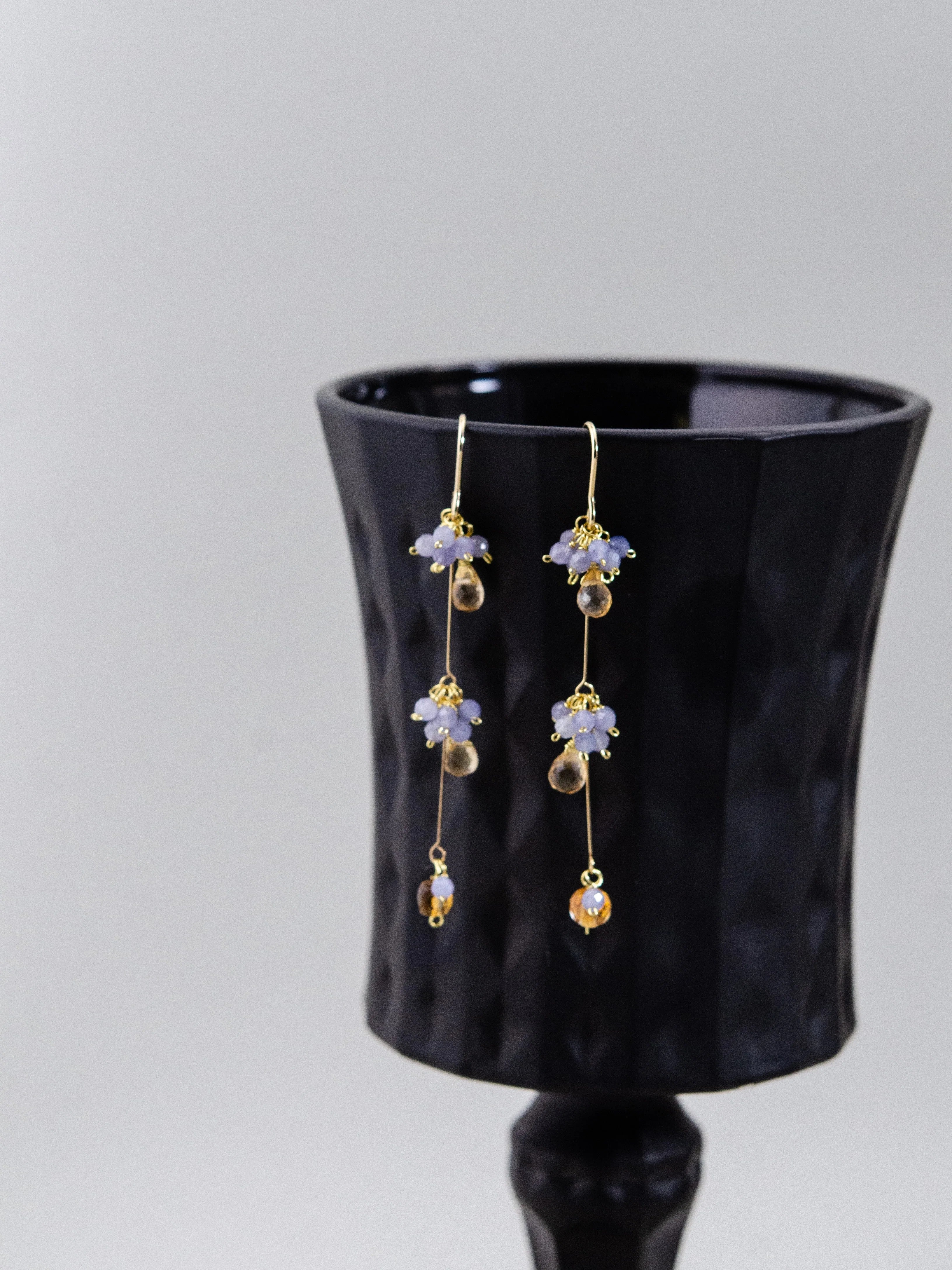 シトリン & タンザナイト ロング ピアス - 【星降る夜】補色の