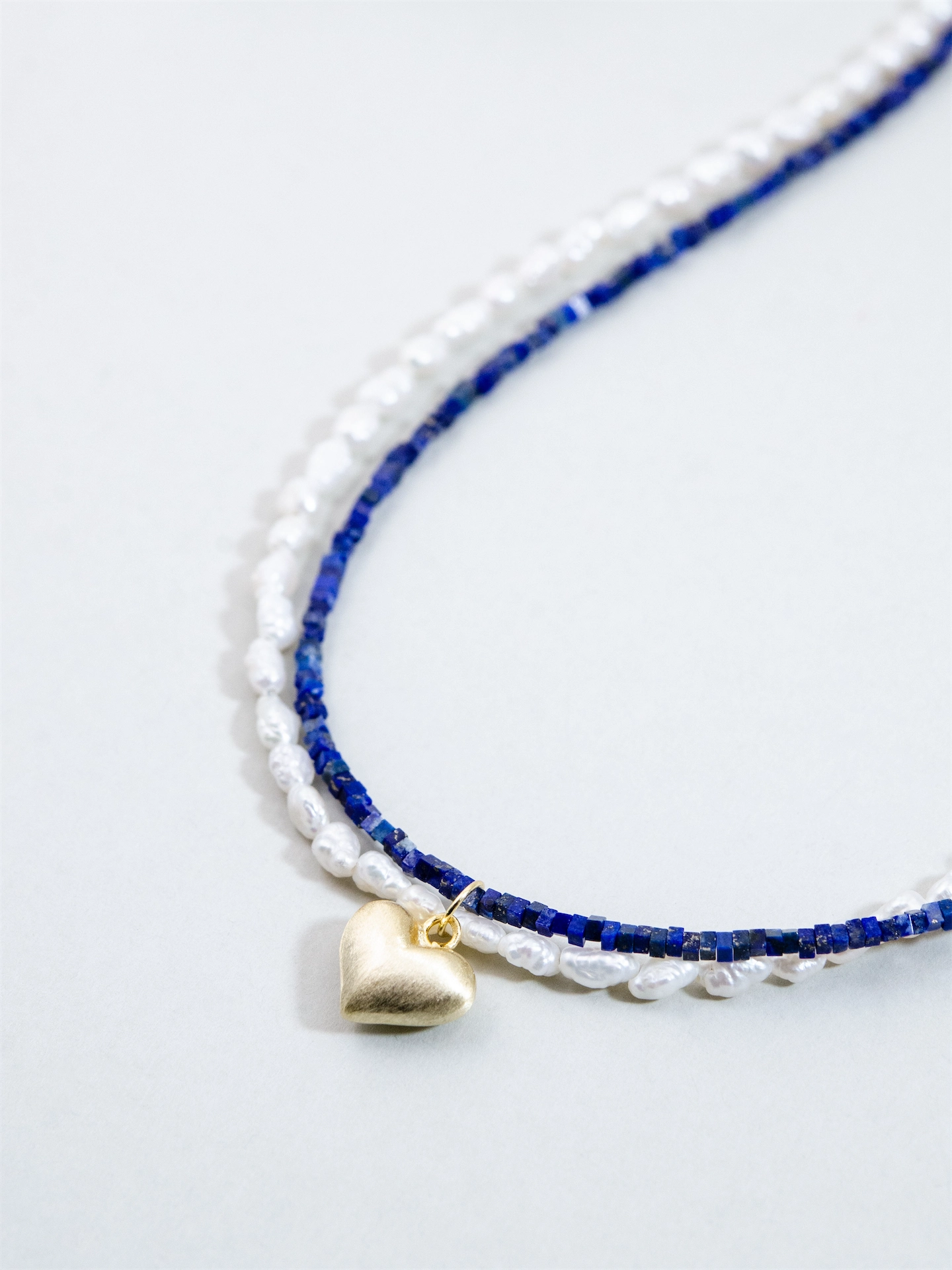 ラピスラズリ & パール 2連ネックレス - 【星月夜（ほしづきよ）のゴールド・ハート】 天空の青と純真な輝き / 12月・9月・6月誕生石 SV925 (K14GP)