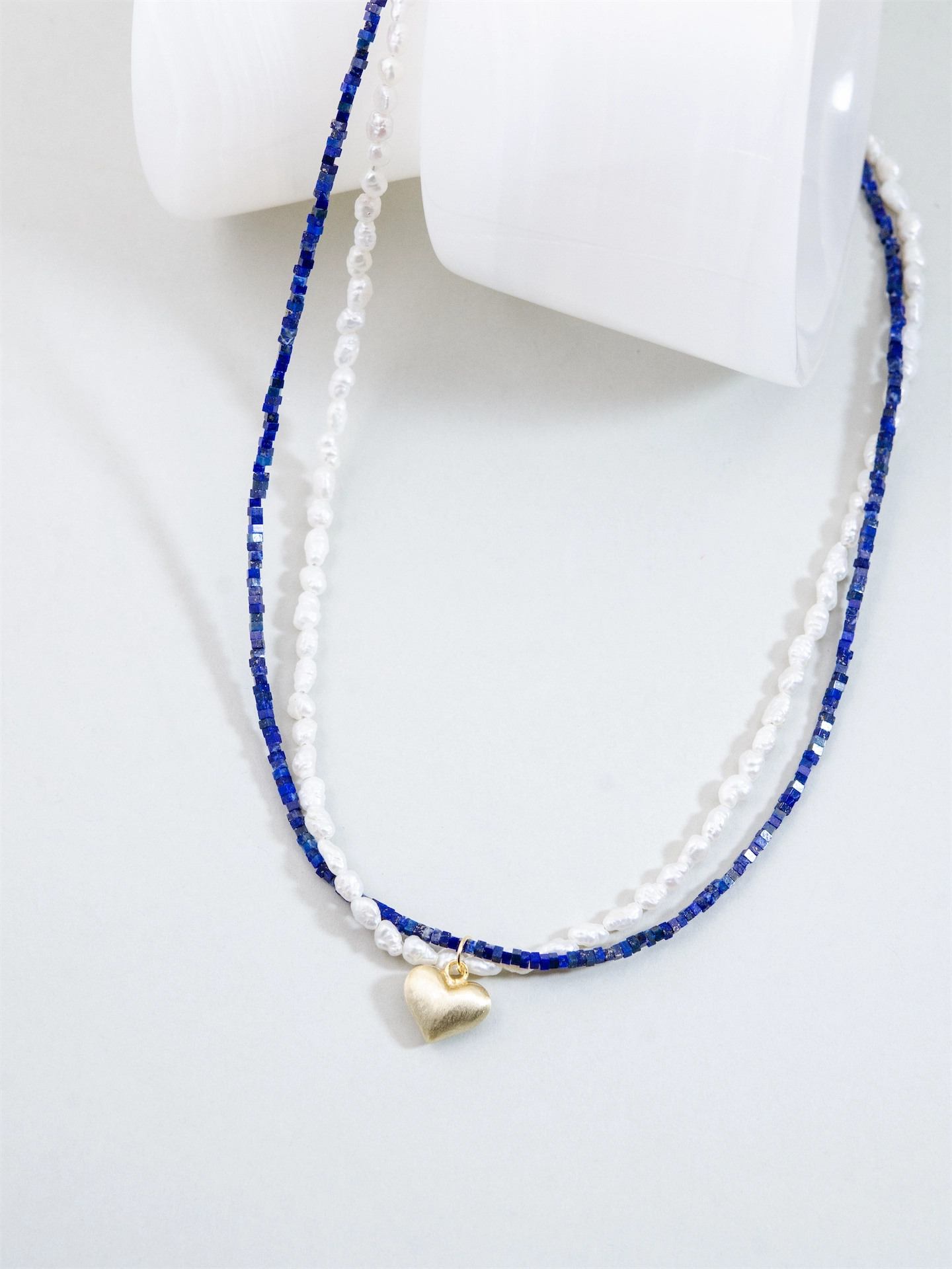 ラピスラズリ & パール 2連ネックレス - 【星月夜（ほしづきよ）のゴールド・ハート】 天空の青と純真な輝き / 12月・9月・6月誕生石 SV925 (K14GP)