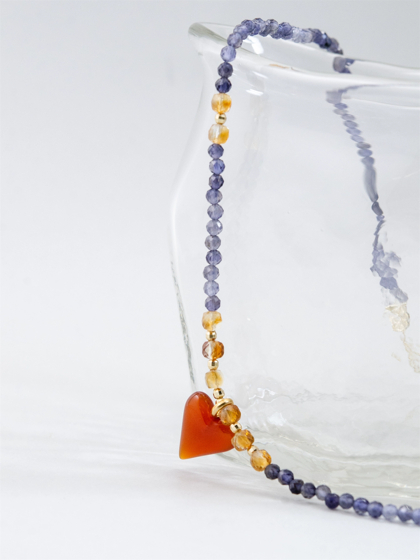 アイオライト & シトリン & レッドアゲート ネックレス - 【黄昏（たそがれ）の恋心】 菫色の空と赤いハート / 9月・11月誕生石 SV925 (K14GP)