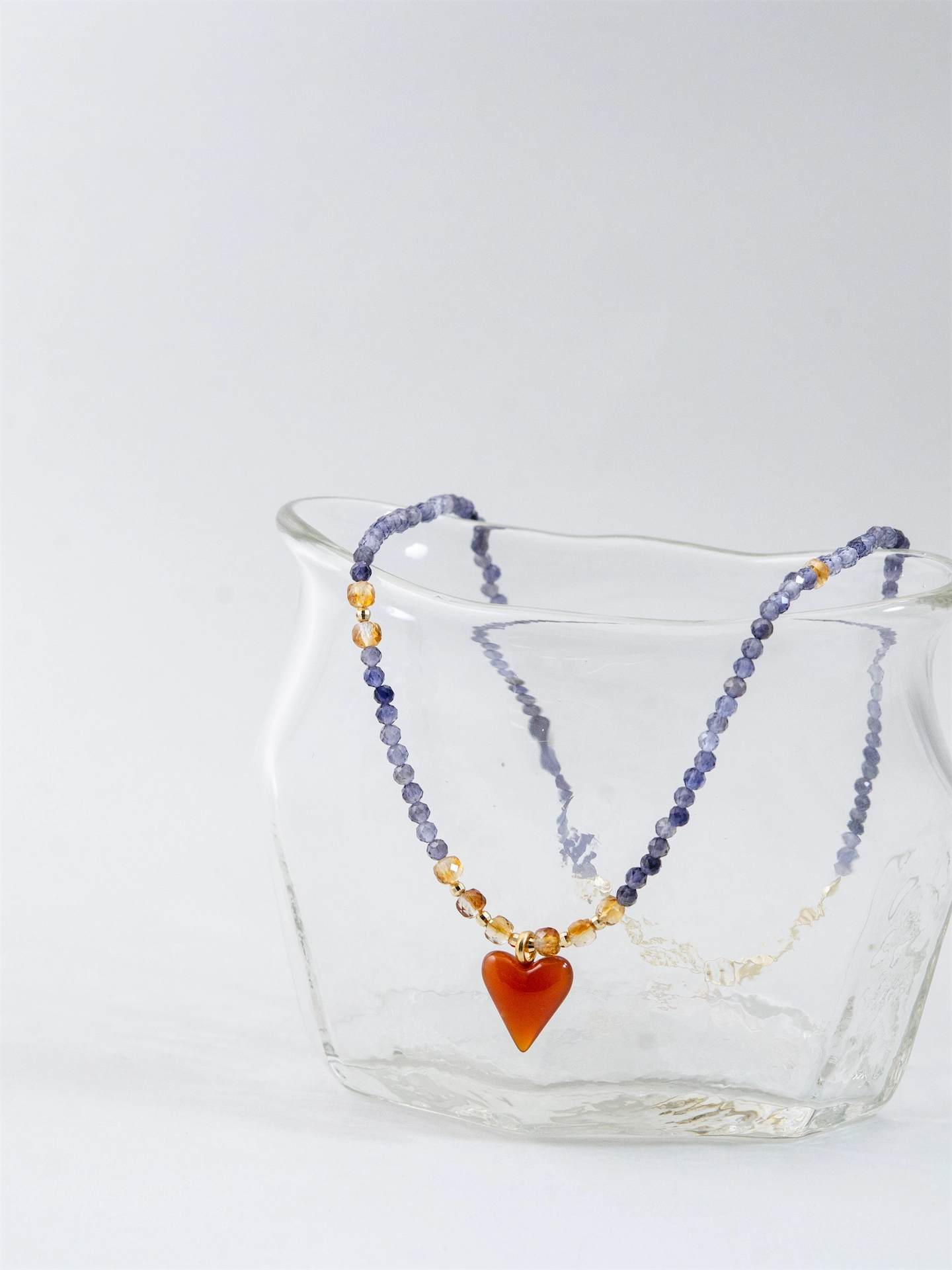 アイオライト & シトリン & レッドアゲート ネックレス - 【黄昏（たそがれ）の恋心】 菫色の空と赤いハート / 9月・11月誕生石 SV925 (K14GP)