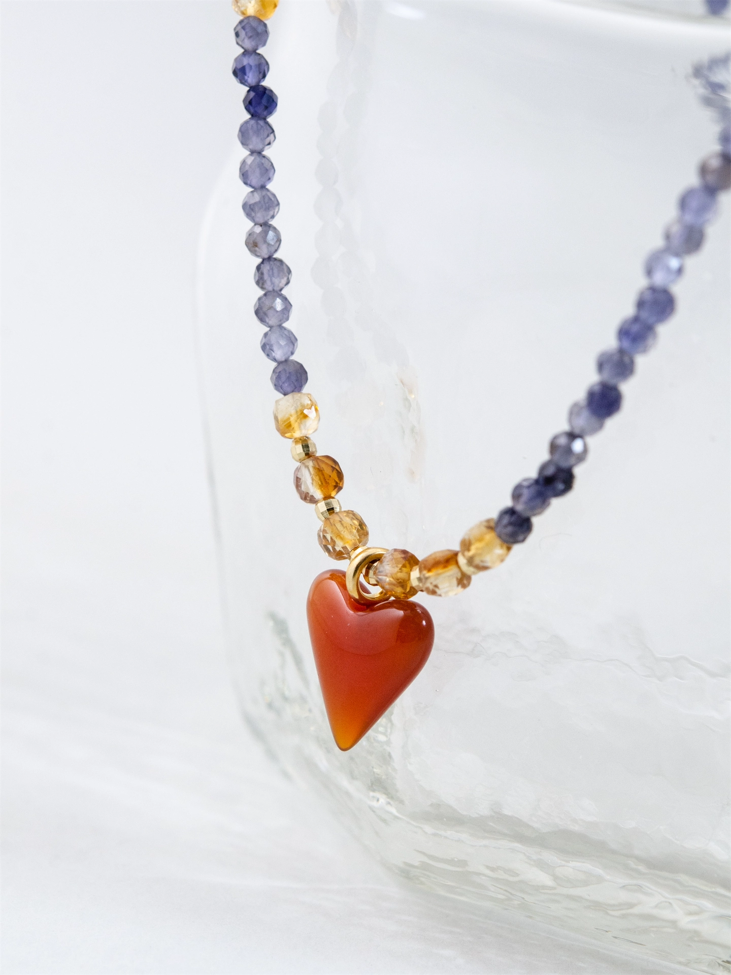 アイオライト & シトリン & レッドアゲート ネックレス - 【黄昏（たそがれ）の恋心】 菫色の空と赤いハート / 9月・11月誕生石 SV925 (K14GP)