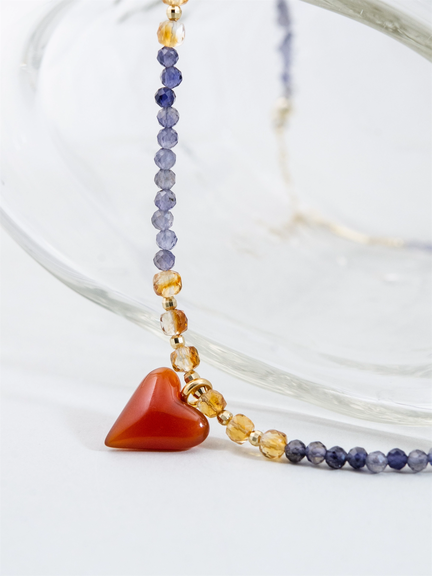 アイオライト & シトリン & レッドアゲート ネックレス - 【黄昏（たそがれ）の恋心】 菫色の空と赤いハート / 9月・11月誕生石 SV925 (K14GP)