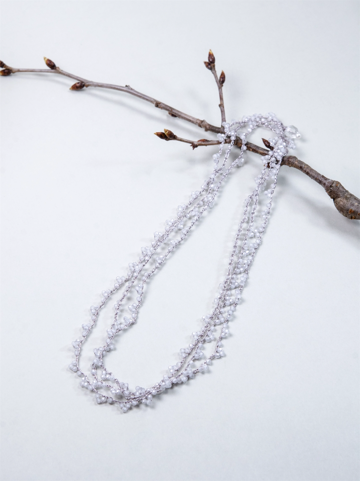 ホワイトジルコン 3way ロングネックレス - 【白銀の霧】銀糸のタティングレース / 120cm