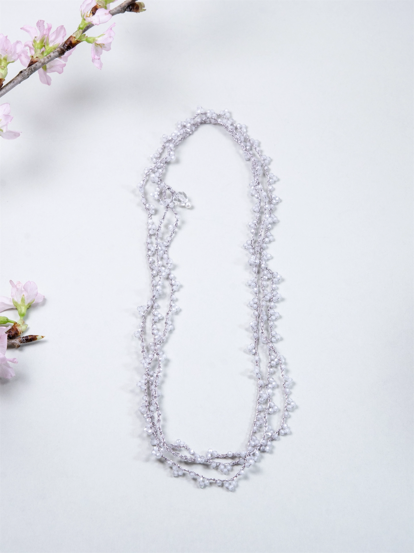 ホワイトジルコン 3way ロングネックレス - 【白銀の霧】銀糸のタティングレース / 120cm