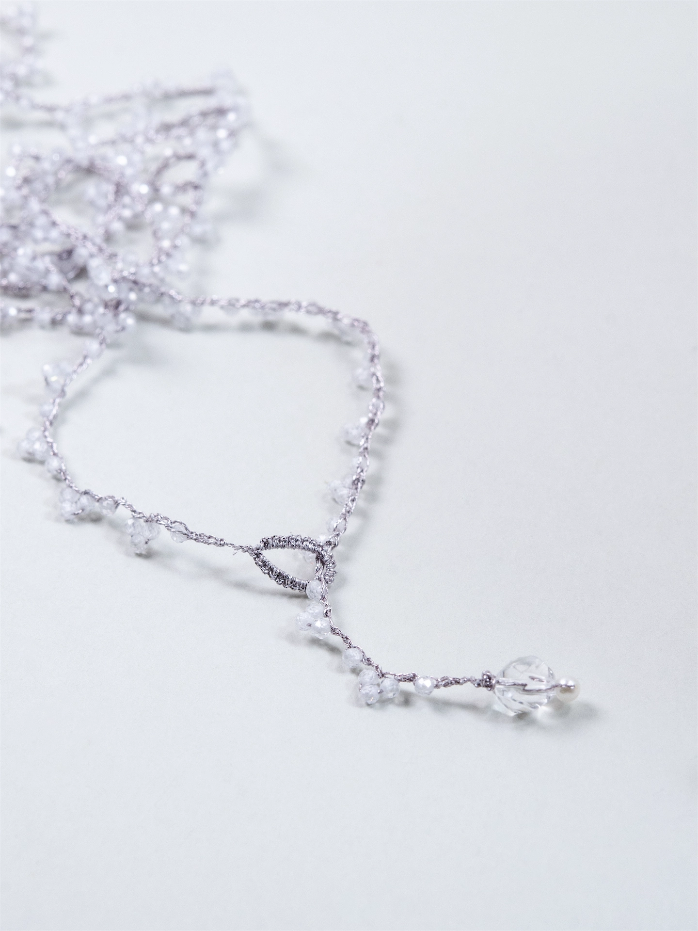 ホワイトジルコン 3way ロングネックレス - 【白銀の霧】銀糸のタティングレース / 120cm