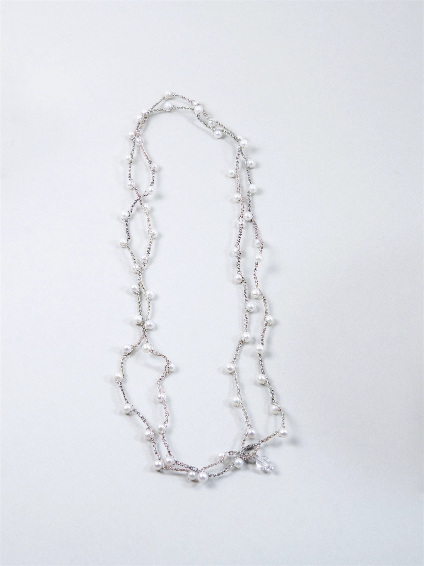 淡水パール 2連ロングネックレス - 【白雪の円舞曲】銀糸のタティングレース / 95cm