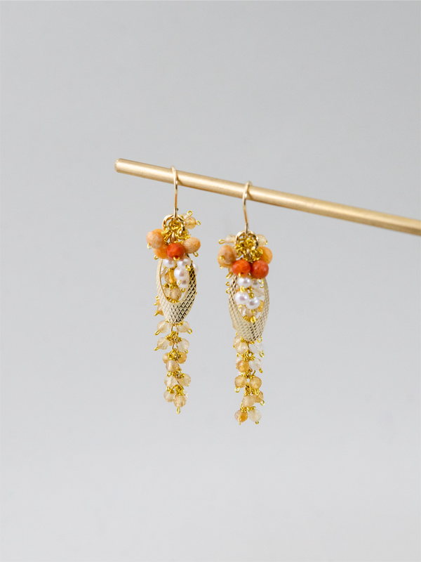 シトリン × 赤瑪瑙 ヴィンテージ風 ロングピアス/イヤリング - 【黄金の光】金具変更可