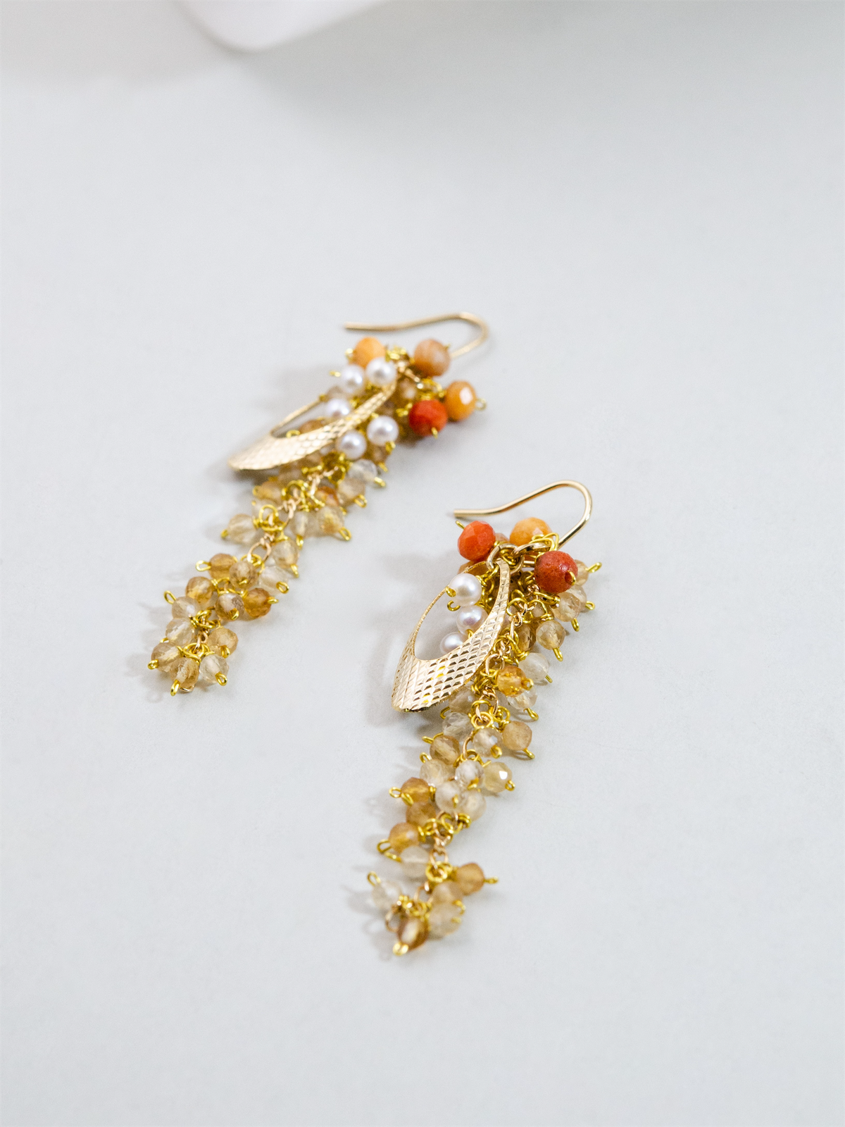 シトリン × 赤瑪瑙 ヴィンテージ風 ロングピアス/イヤリング - 【黄金の光】金具変更可